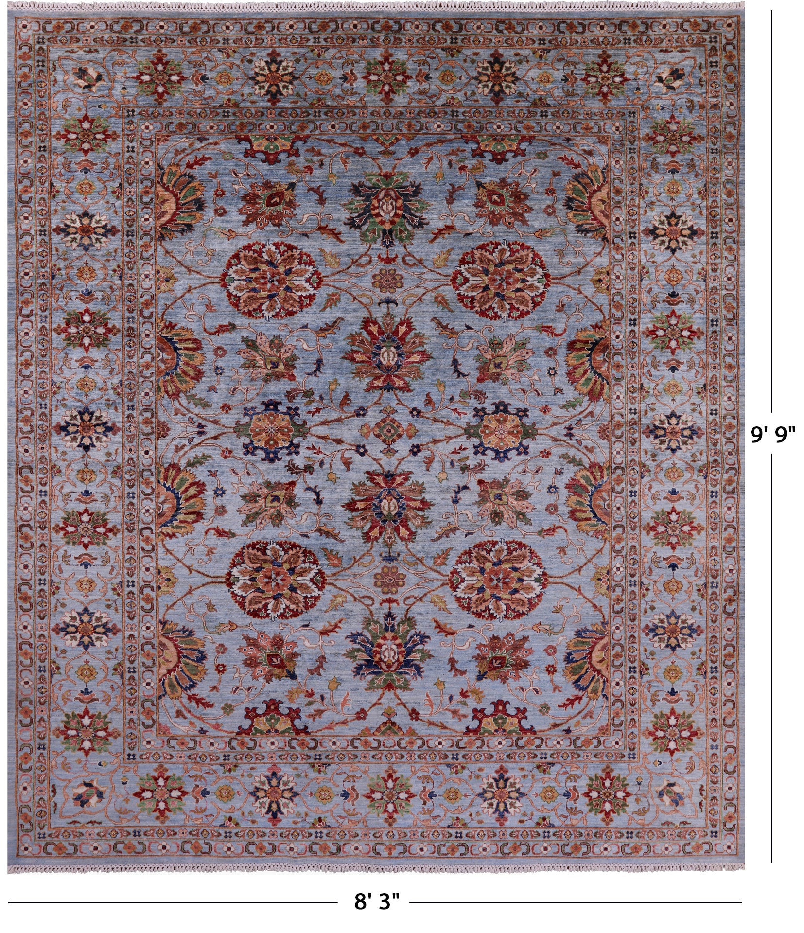 Blue Peshawar Hand Knotted Wool Rug - 8' 3" X 9' 9" - Golden Nile