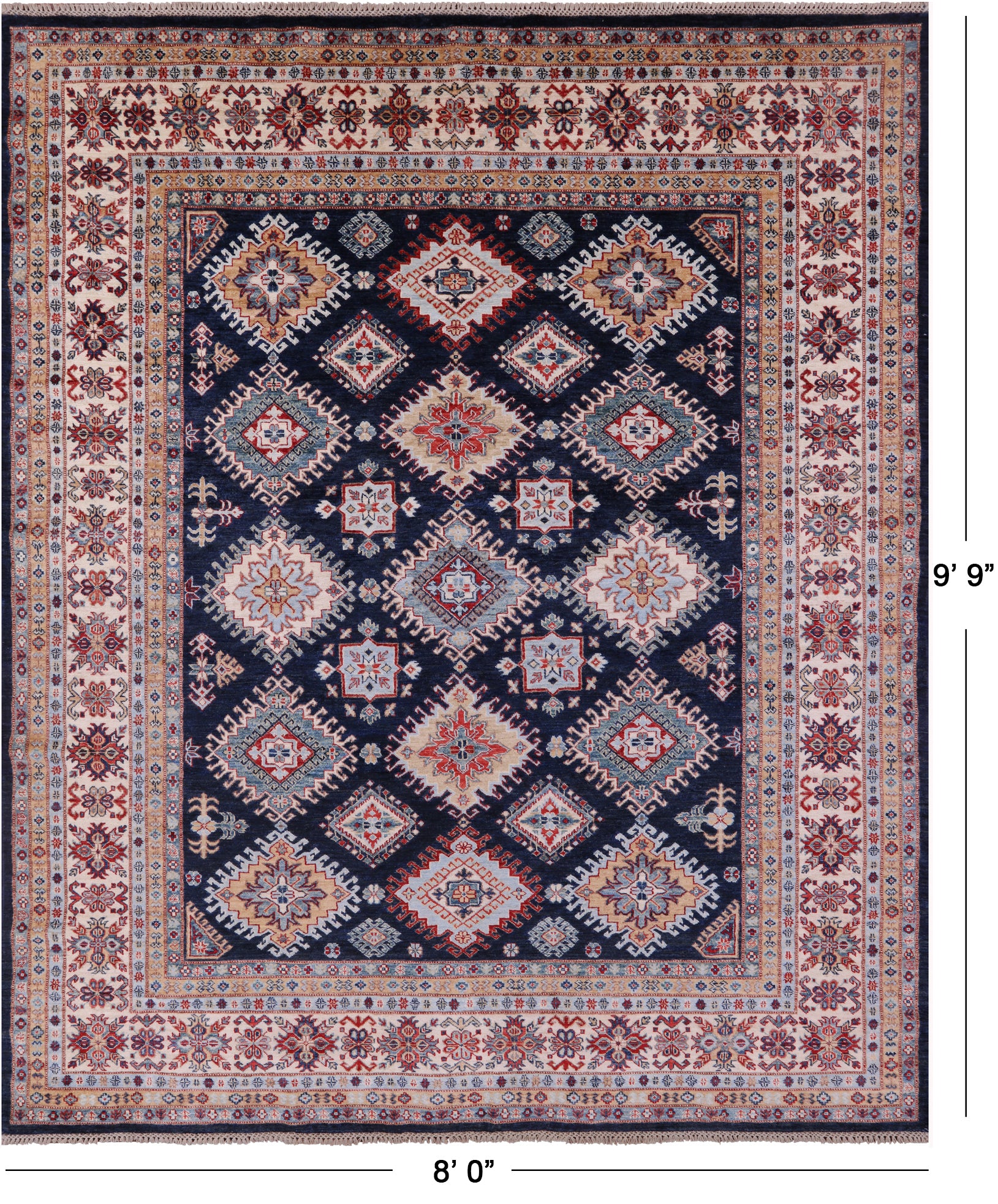 Blue Super Kazak Handmade Wool Rug - 8' 0" X 9' 9" - Golden Nile