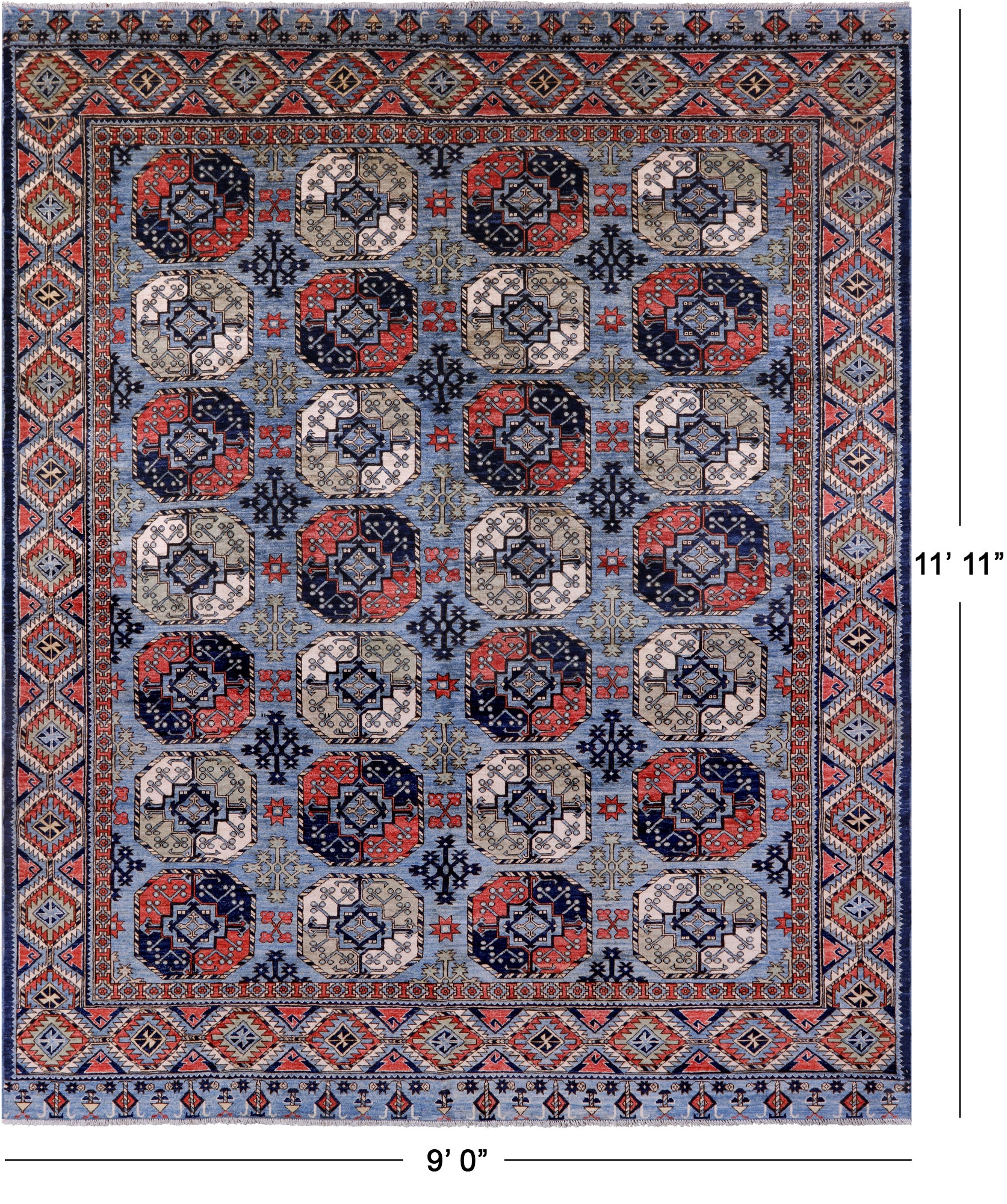 Blue Turkmen Ersari Hand Knotted Wool Rug - 9' 0" X 11' 11" - Golden Nile