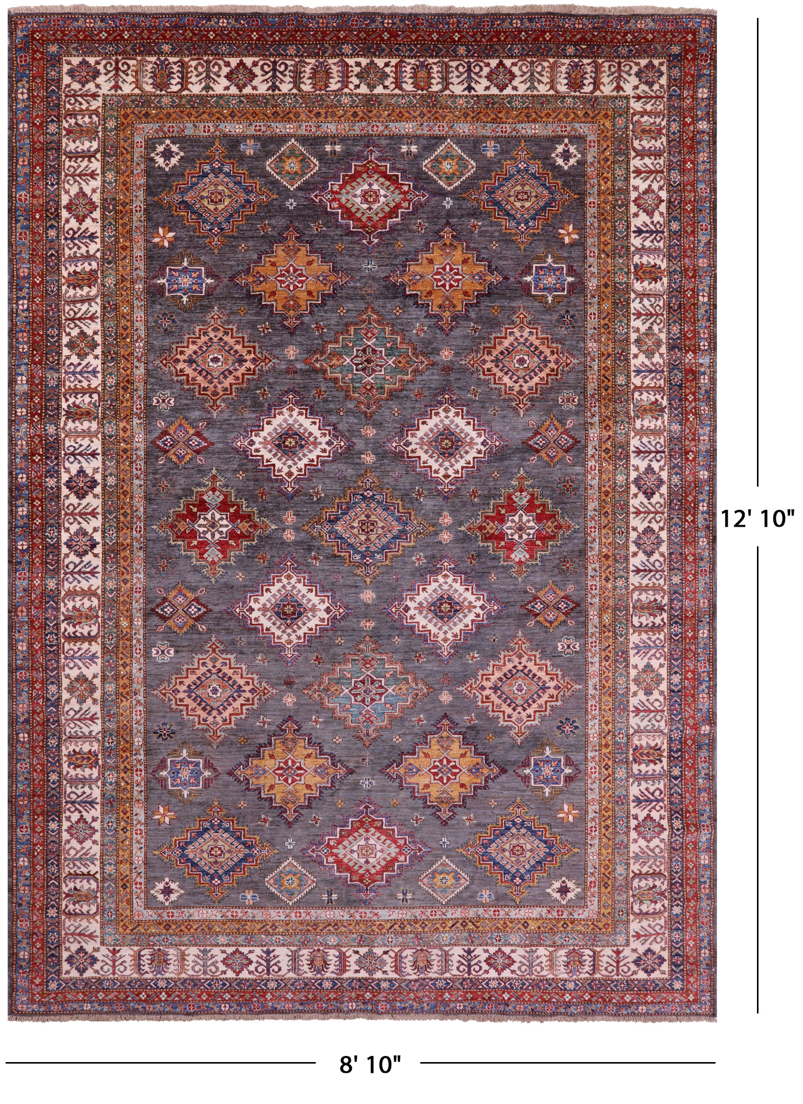 Grey Super Kazak Hand Knotted Wool Rug - 8' 10" X 12' 10" - Golden Nile