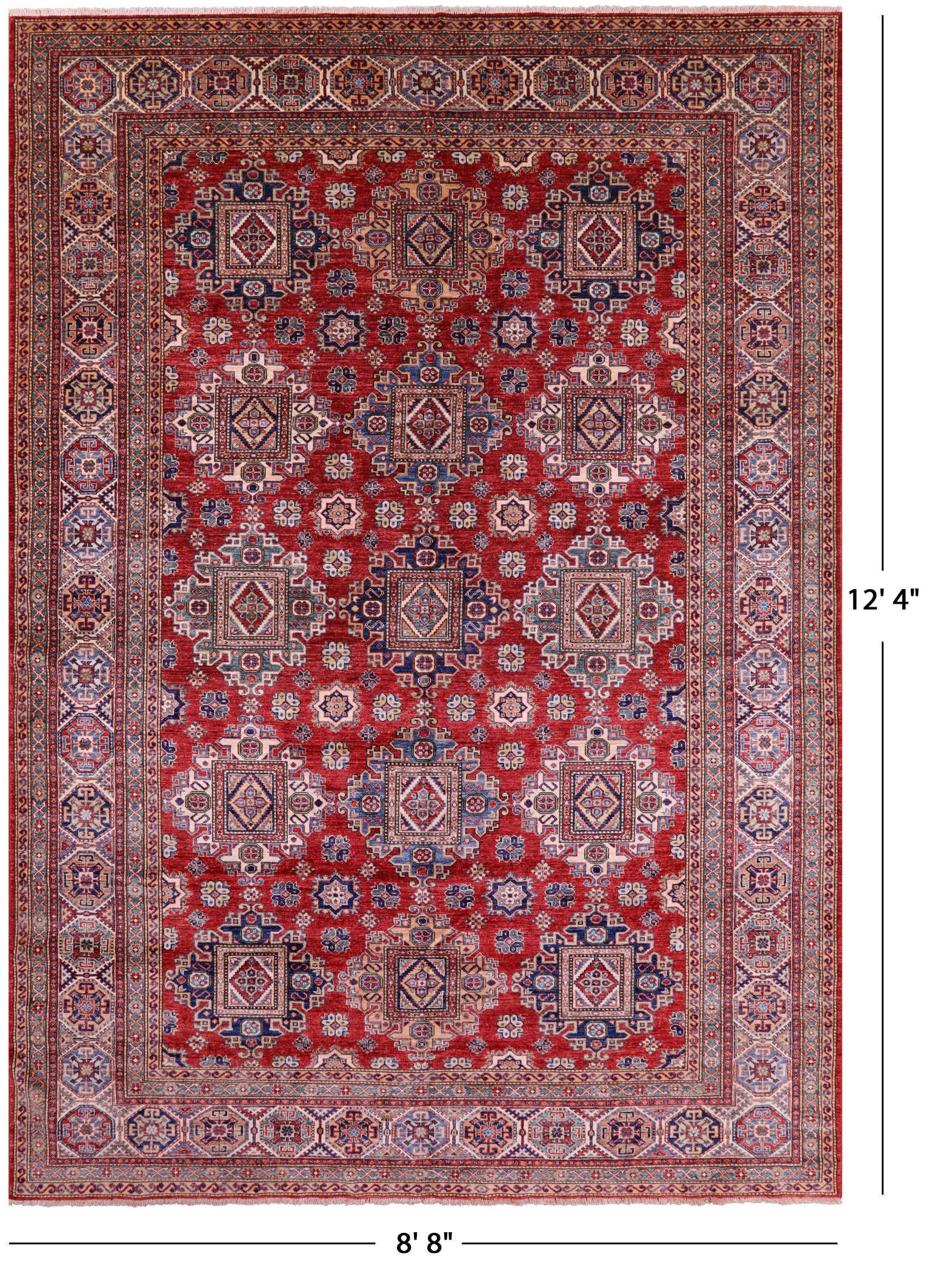 Red Super Kazak Hand Knotted Wool Rug - 8' 8" X 12' 4" - Golden Nile