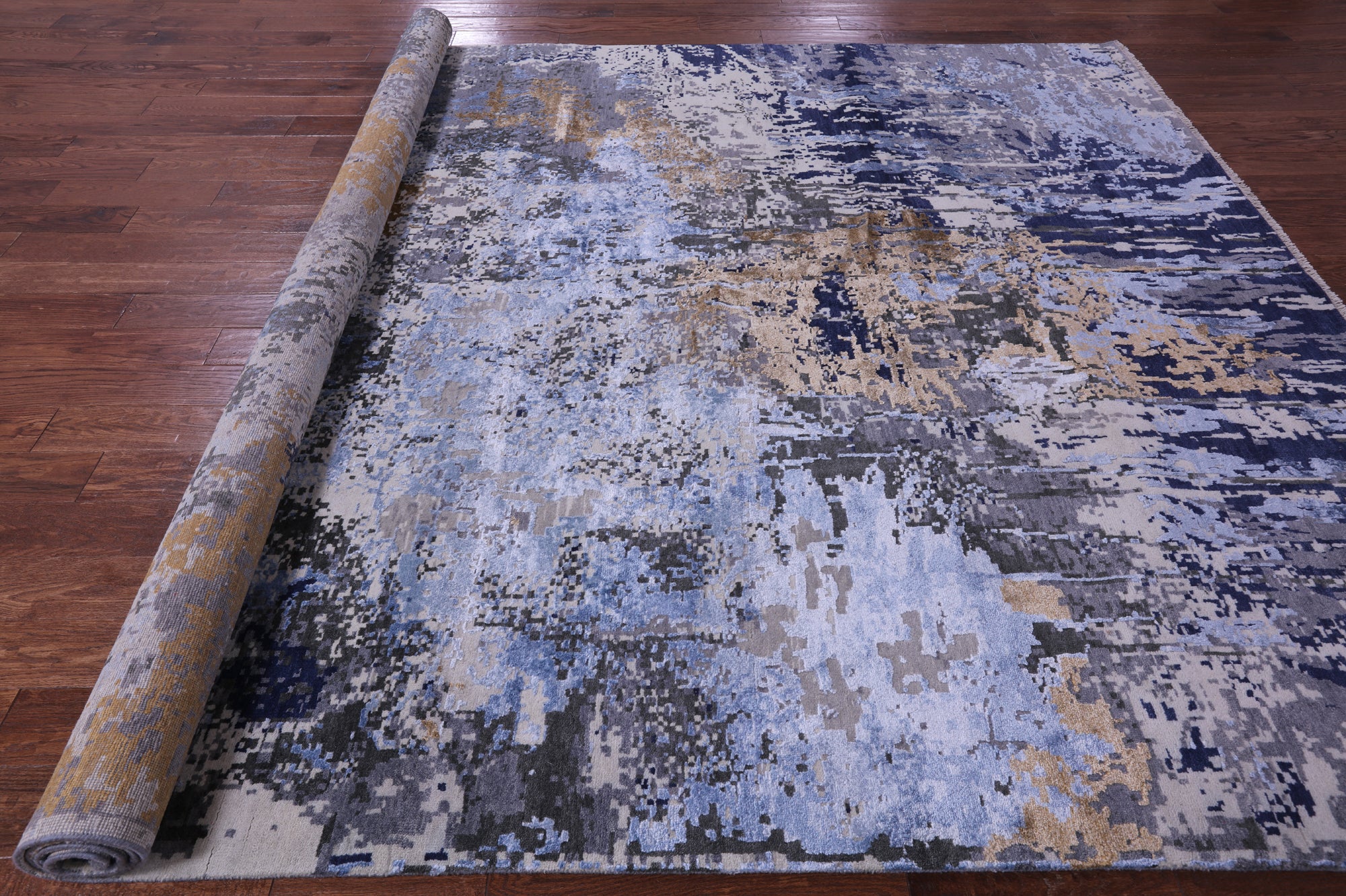 Abstract Contemporary Hand Knotted Wool & Silk Rug - 8' 10" X 12' 1" - Golden Nile