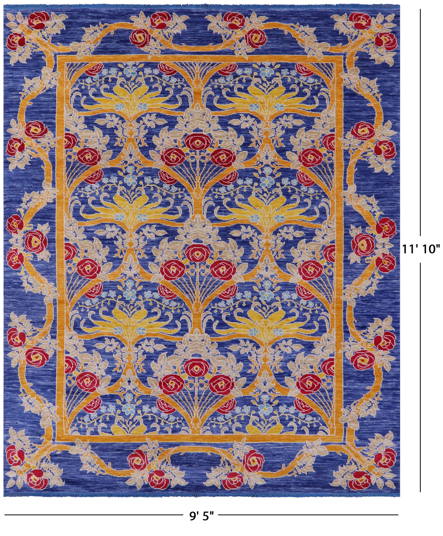 Blue William Morris Hand Knotted Wool Rug - 9' 5" X 11' 10" - Golden Nile