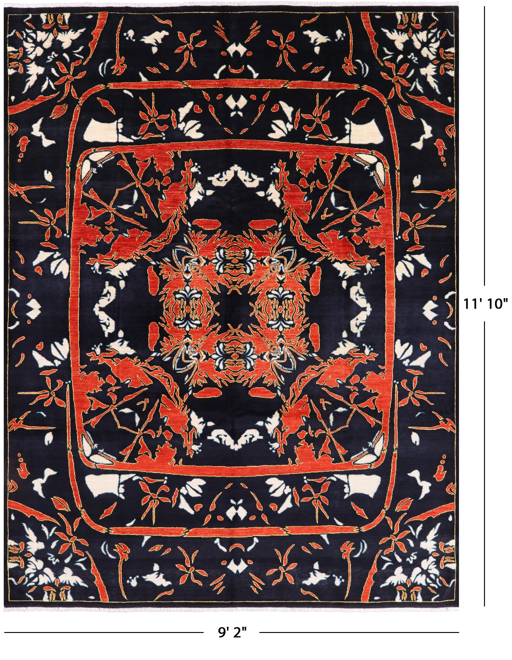 Black William Morris Handmade Wool Area Rug - 9' 2" X 11' 10" - Golden Nile