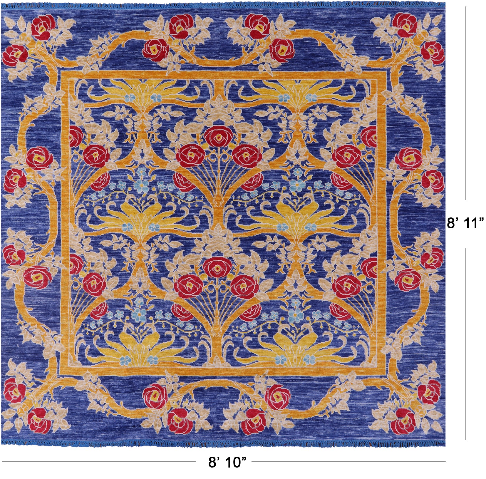 Blue Square William Morris Hand Knotted Wool Rug - 8' 10" X 8' 11" - Golden Nile
