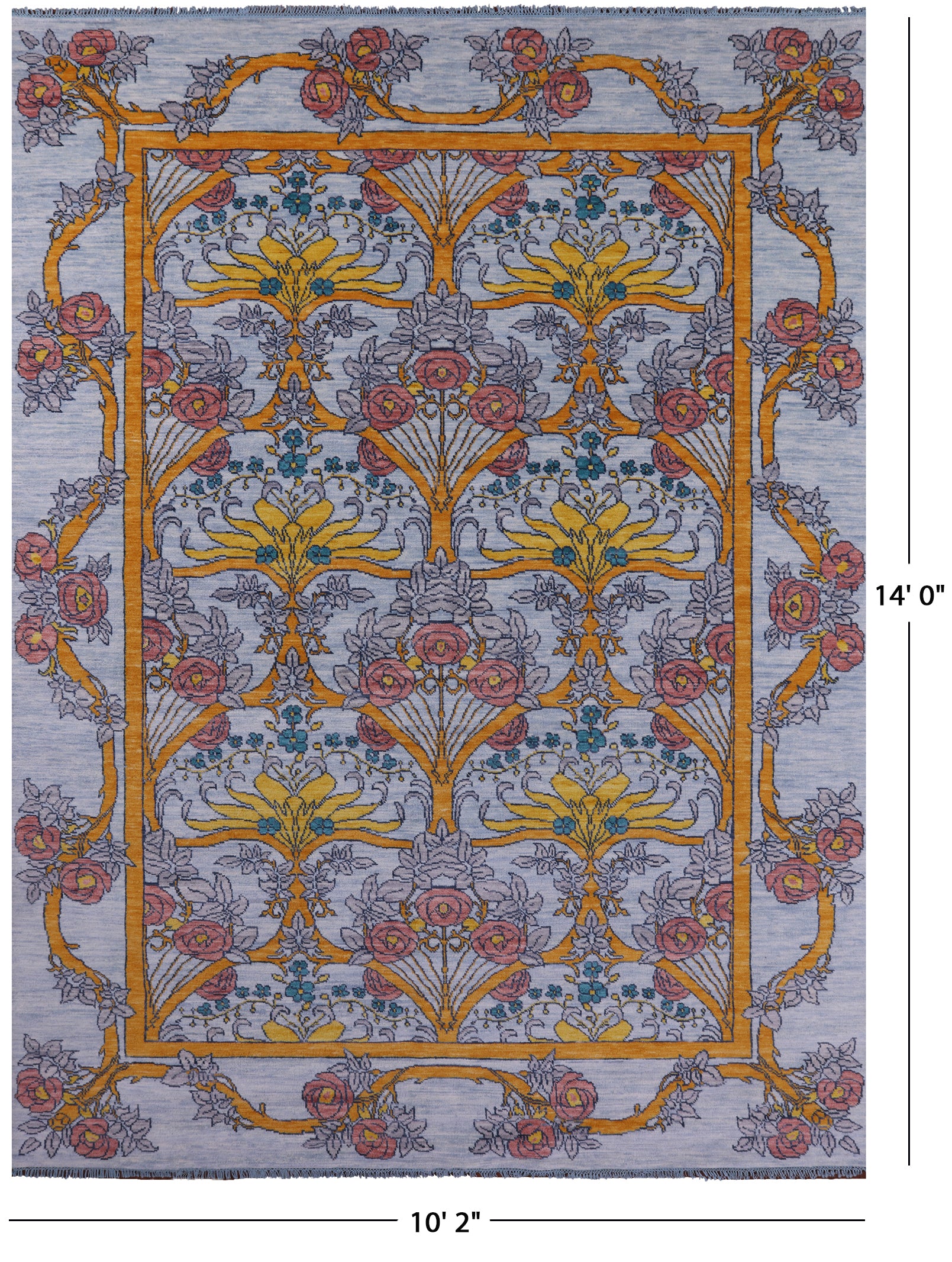 Blue William Morris Hand Knotted Wool Rug - 10' 2" X 14' 0" - Golden Nile
