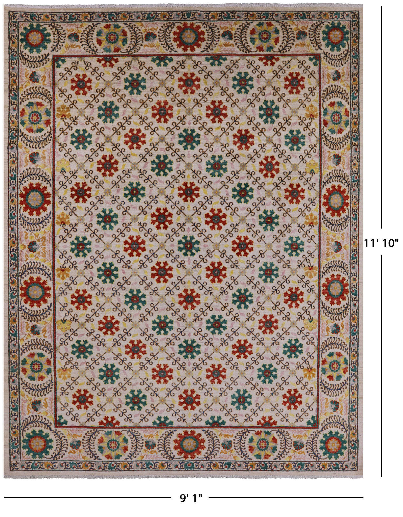 Ivory William Morris Hand Knotted Wool Area Rug - 9' 1" X 11' 10" - Golden Nile