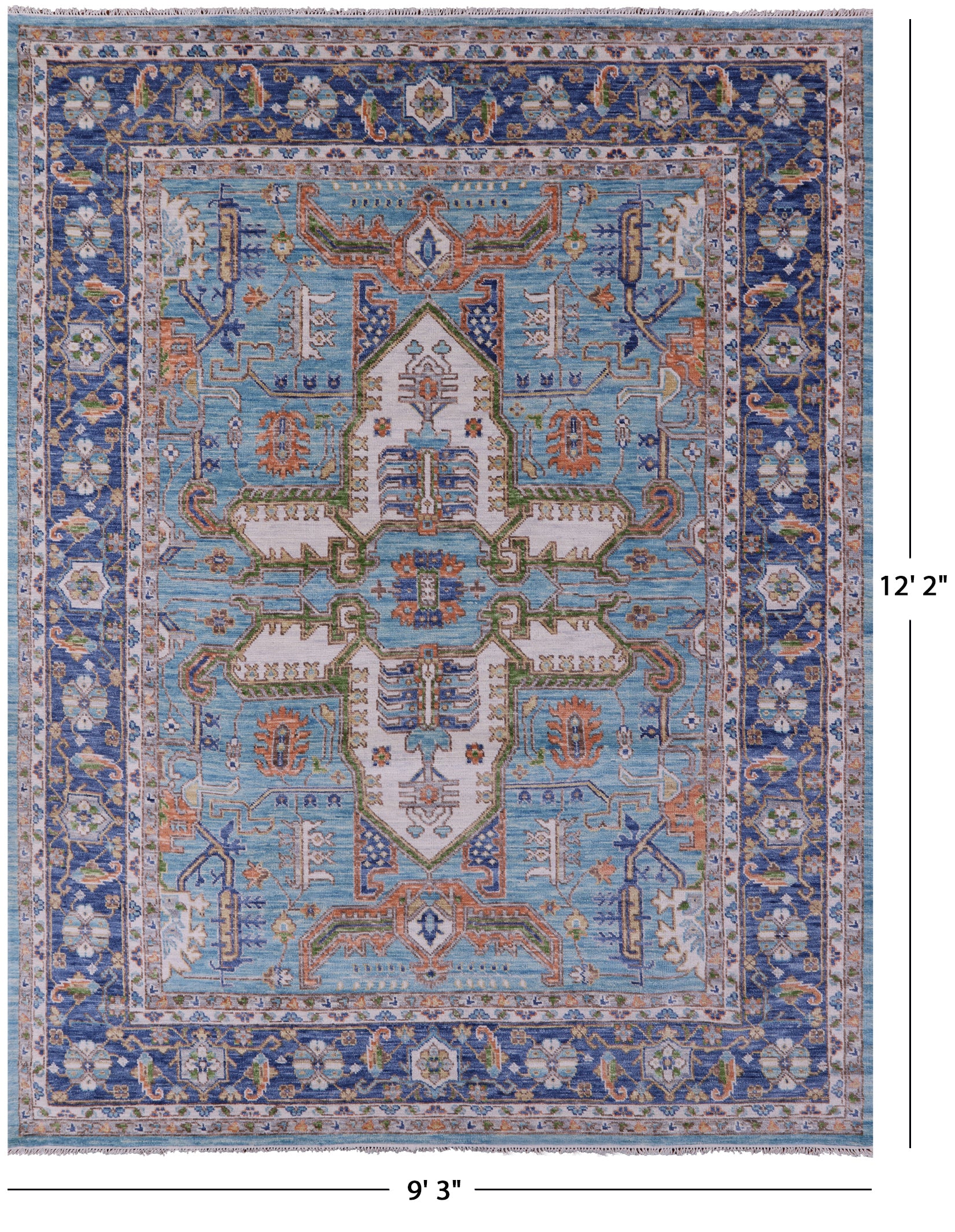 Blue Persian Fine Serapi Hand Knotted Wool Rug - 9' 3" X 12' 2" - Golden Nile