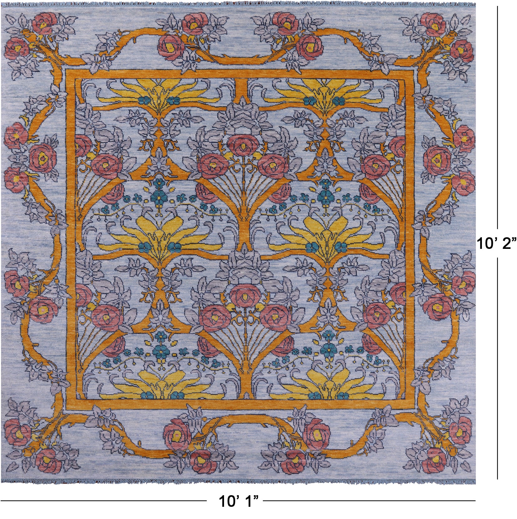 Light Blue Square William Morris Hand Knotted Wool Rug - 10' 1" X 10' 2" - Golden Nile