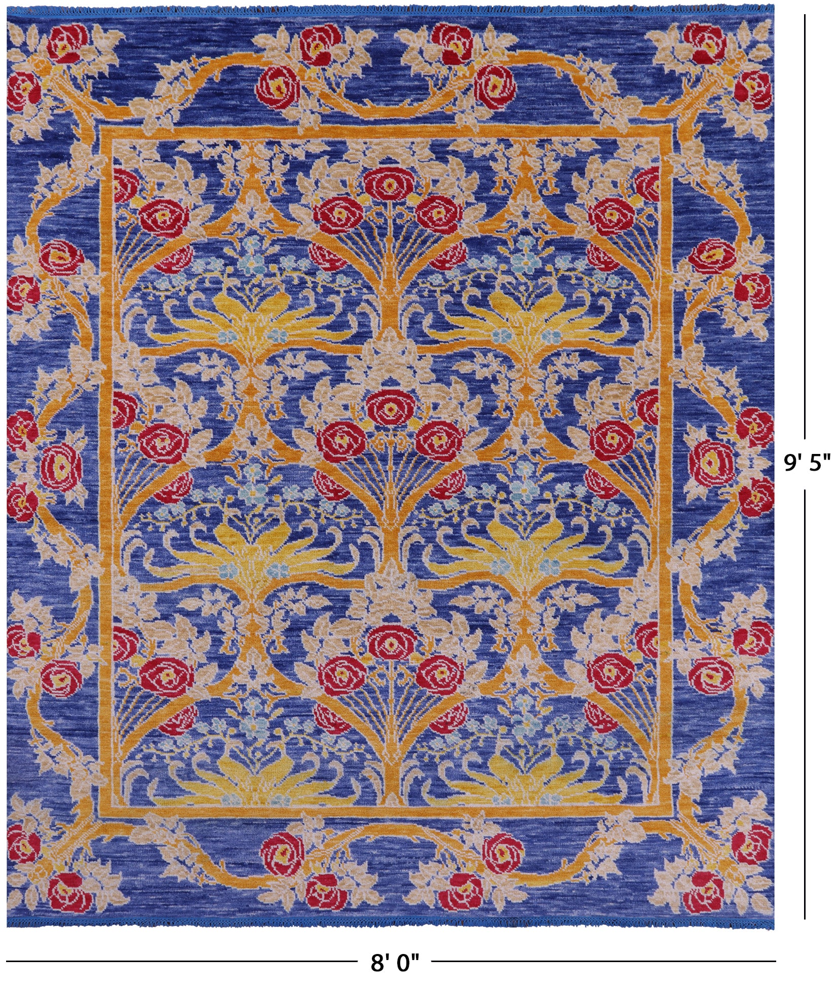 Blue William Morris Hand Knotted Wool Rug - 8' 0" X 9' 5" - Golden Nile