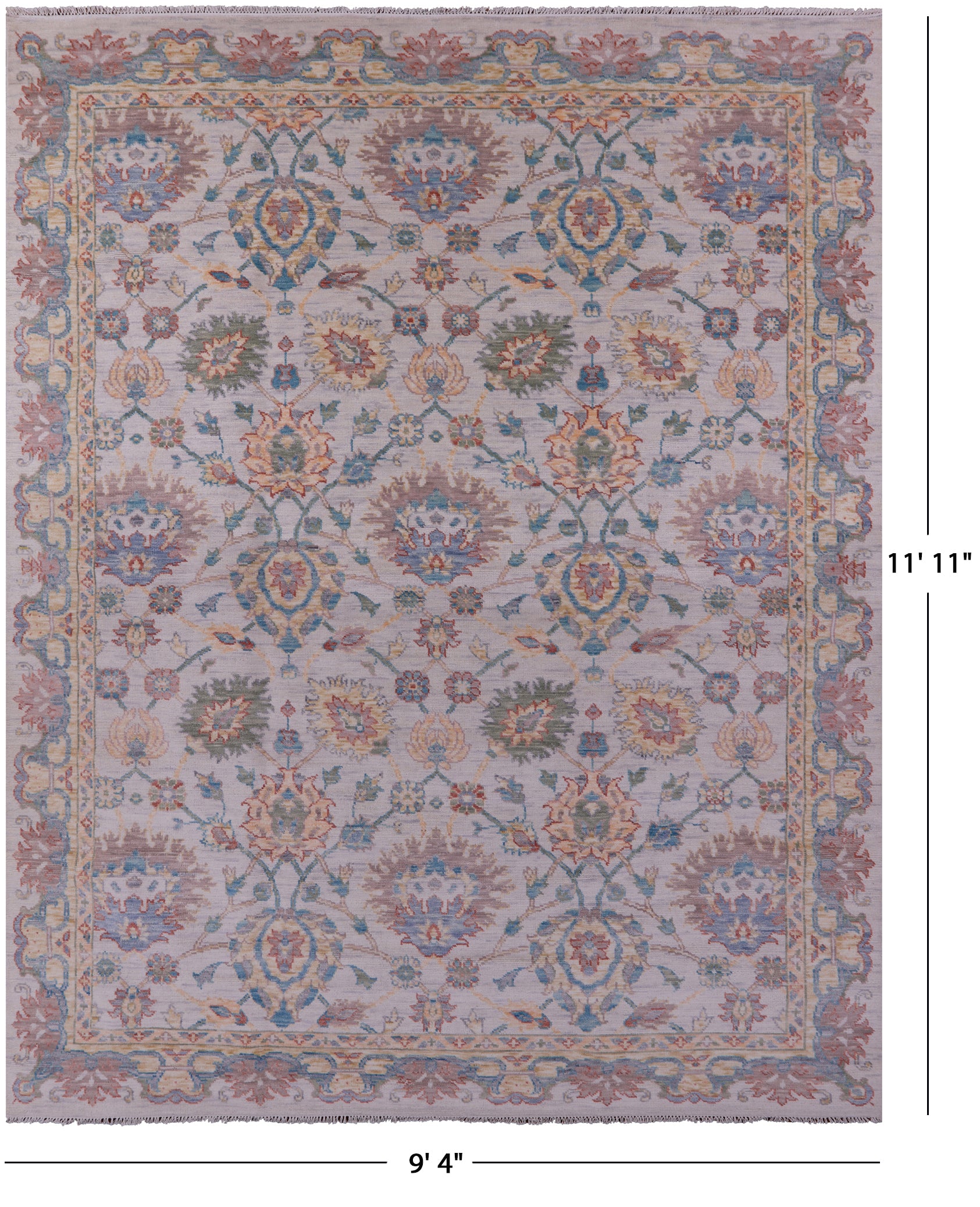 Ivory William Morris Hand Knotted Wool Rug - 9' 4" X 11' 11" - Golden Nile