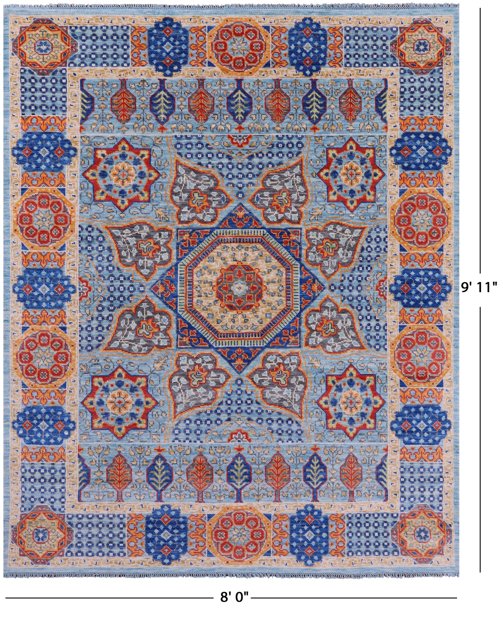 Blue Geometric Persian Mamluk Hand Knotted Wool Rug - 8' 0" X 9' 11" - Golden Nile