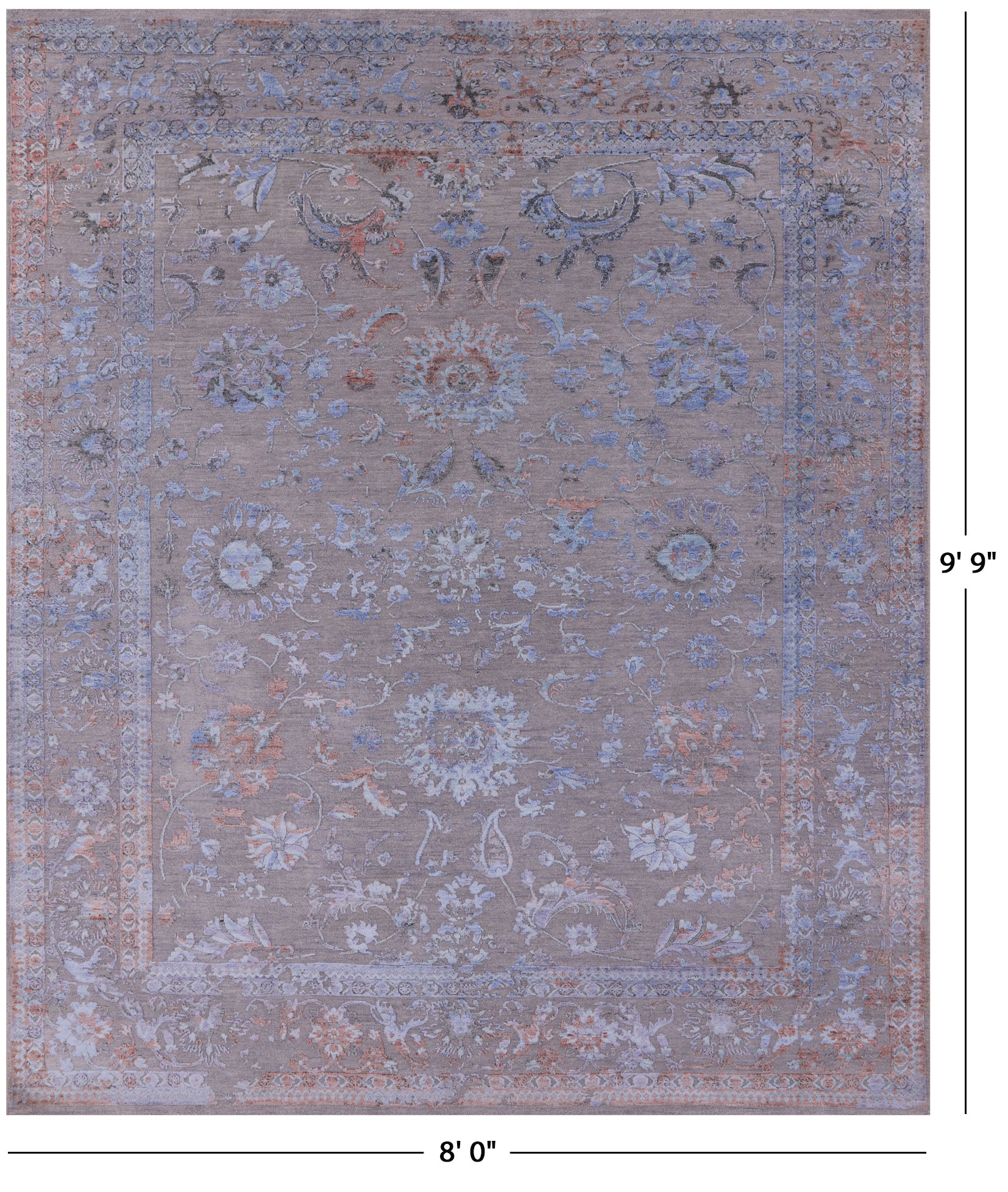 Grey Persian Tabriz Hand Knotted Wool & Silk Rug - 8' 0" X 9' 9" - Golden Nile