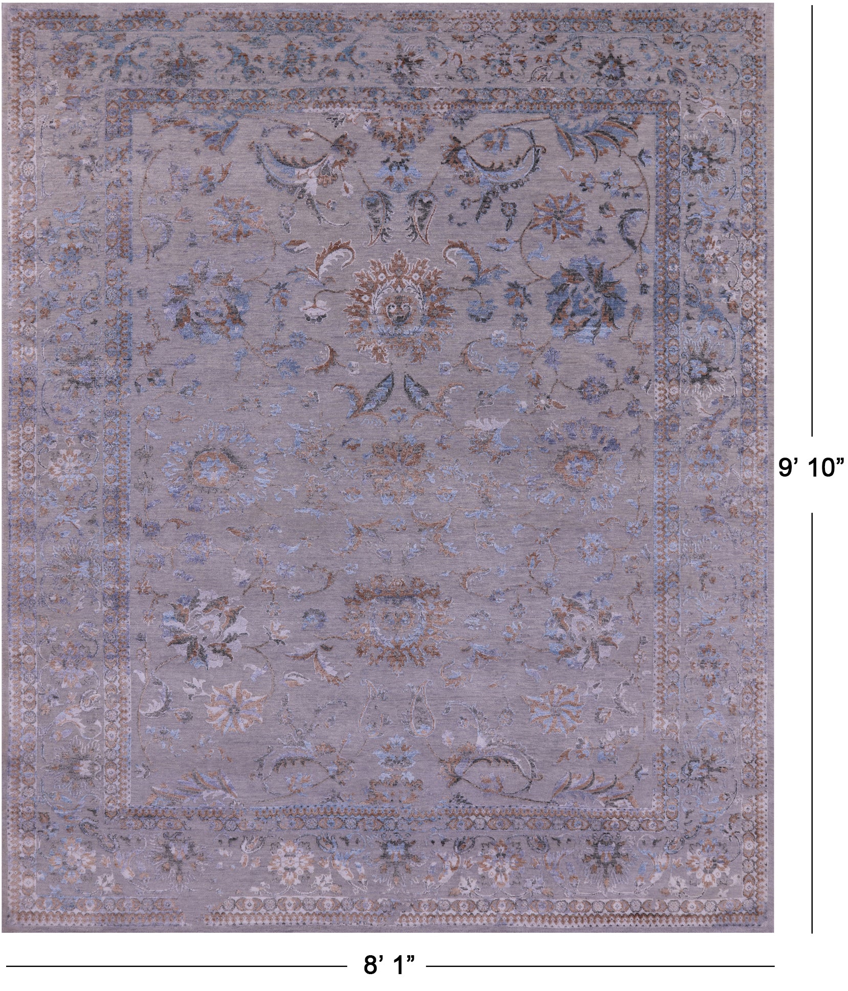Grey Persian Tabriz Hand Knotted Wool & Silk Rug - 8' 1" X 9' 10" - Golden Nile