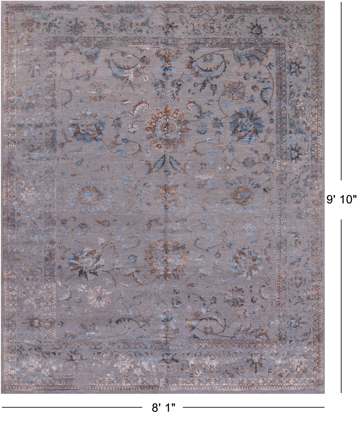 Grey Persian Tabriz Hand Knotted Wool & Silk Rug - 8' 1" X 9' 10"