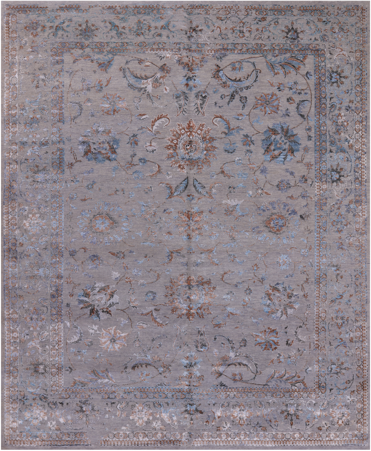 Grey Persian Tabriz Hand Knotted Wool & Silk Rug - 8' 1" X 9' 10"
