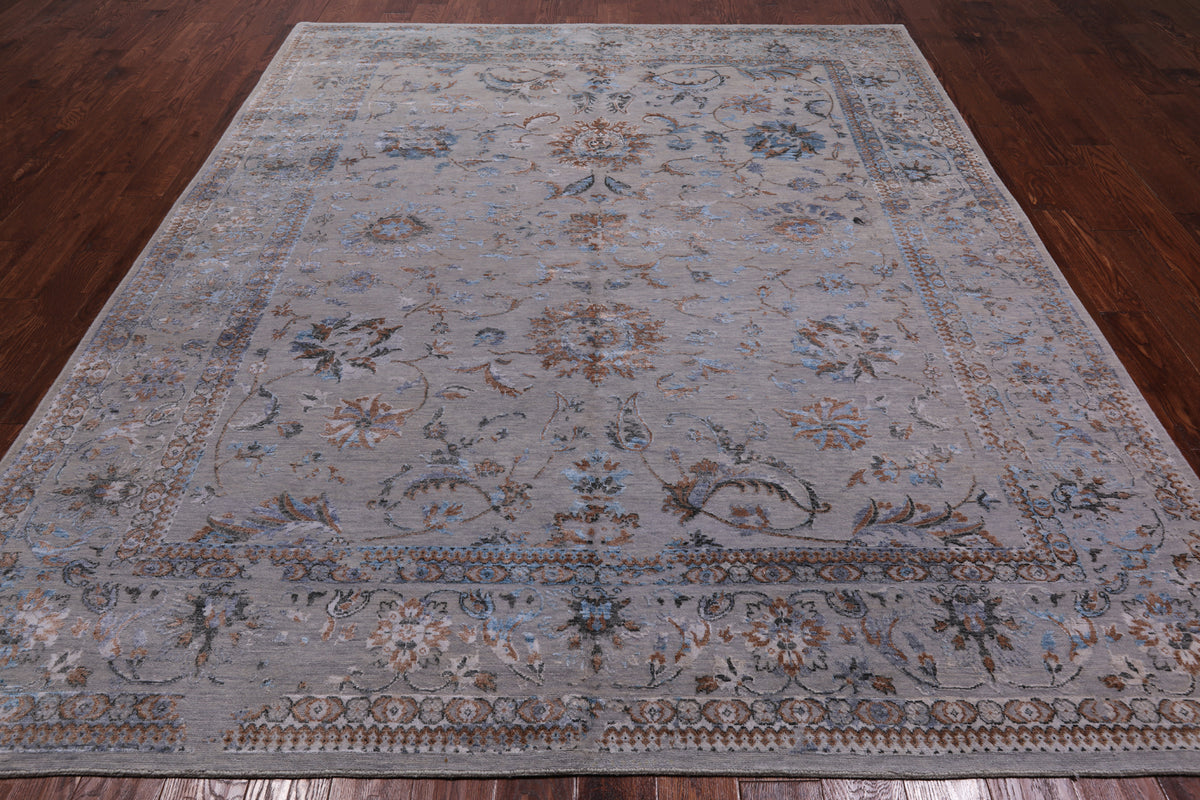 Grey Persian Tabriz Hand Knotted Wool & Silk Rug - 8' 1" X 9' 10"