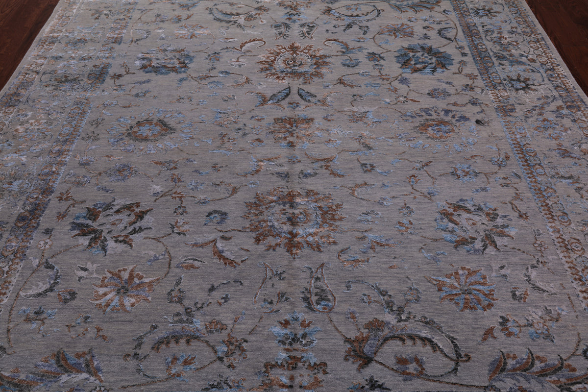 Grey Persian Tabriz Hand Knotted Wool & Silk Rug - 8' 1" X 9' 10"