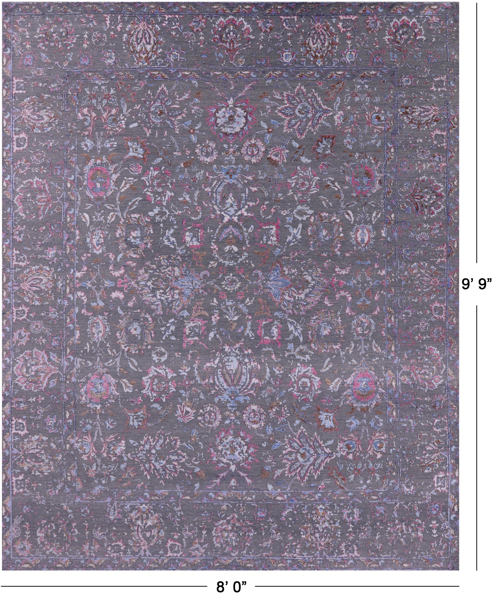 Grey Persian Tabriz Hand Knotted Wool & Silk Rug - 8' 0" X 9' 9" - Golden Nile