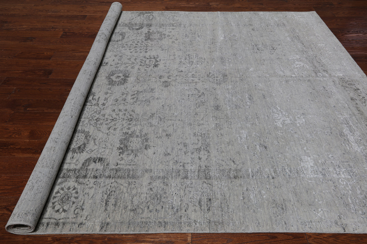 Grey Persian Tabriz Hand Knotted Wool & Silk Rug - 8' 1" X 9' 10"