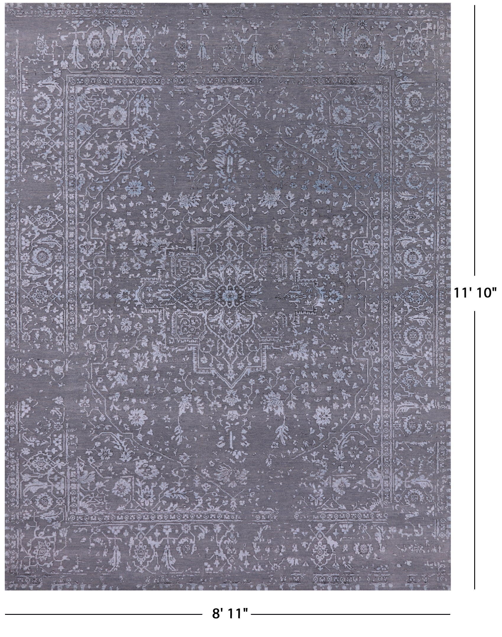 Grey Persian Fine Serapi Hand Knotted Wool & Silk Rug - 8' 11" X 11' 10" - Golden Nile