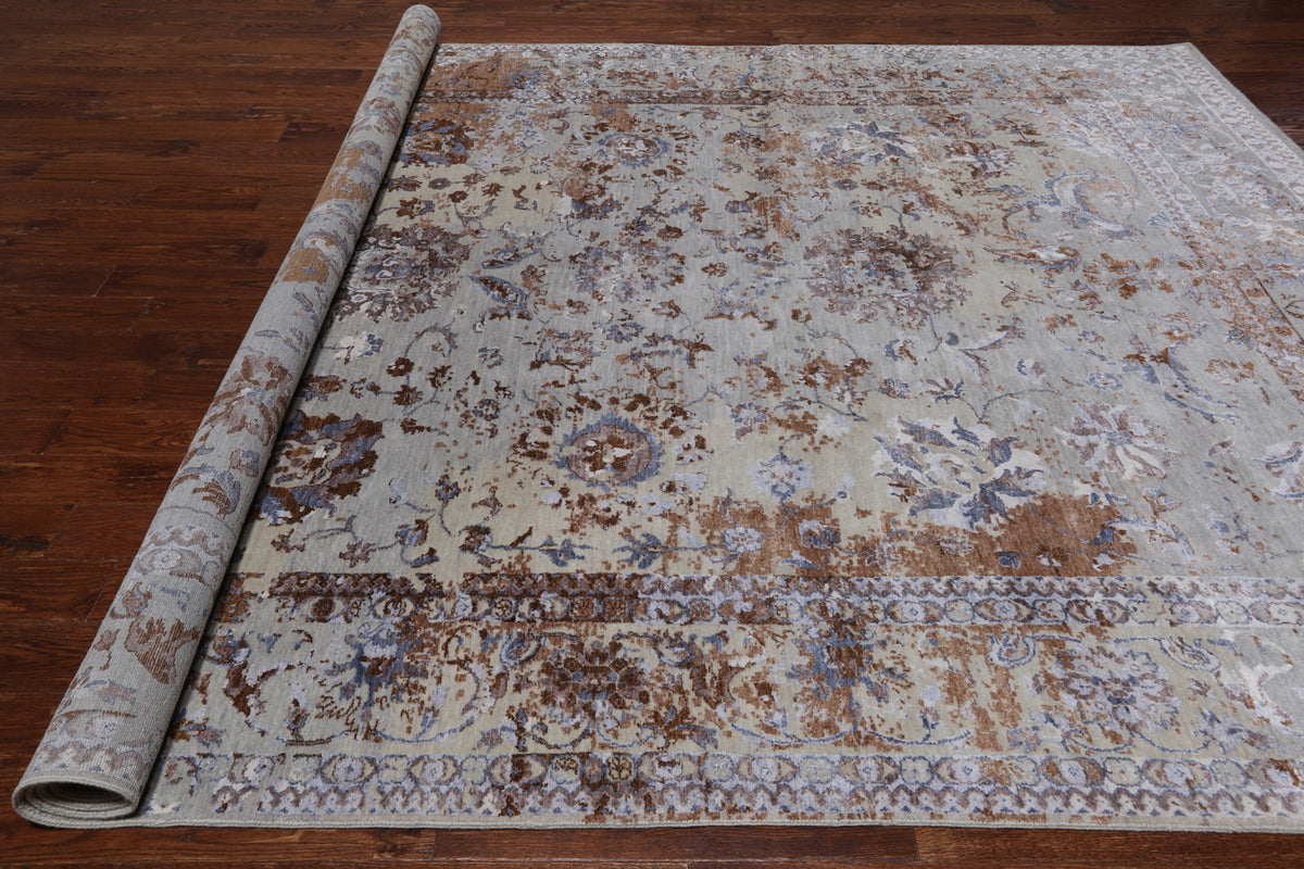 Grey Persian Hand Knotted Wool & Silk Rug - 8' 11" X 11' 8"