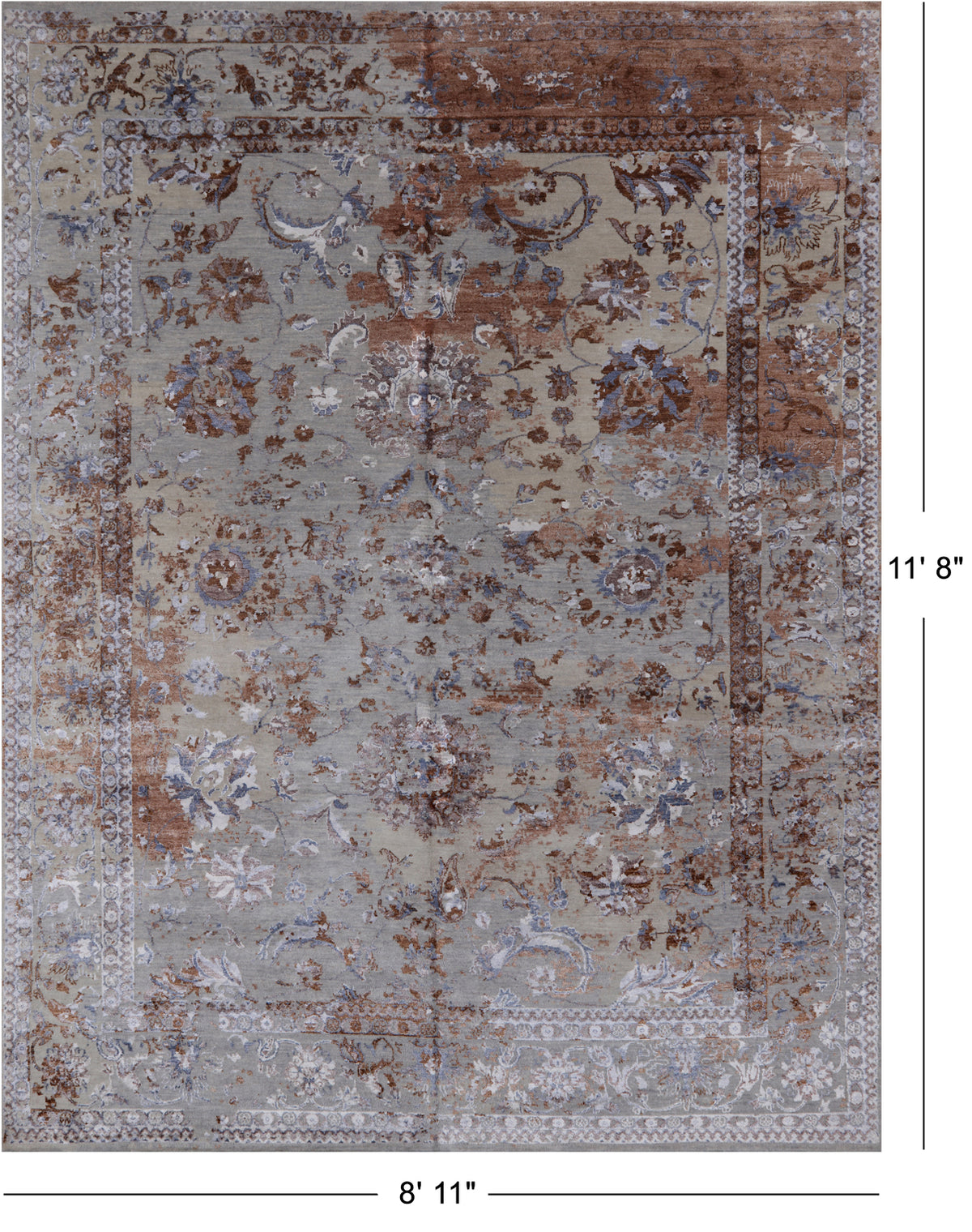 Grey Persian Hand Knotted Wool & Silk Rug - 8' 11" X 11' 8"