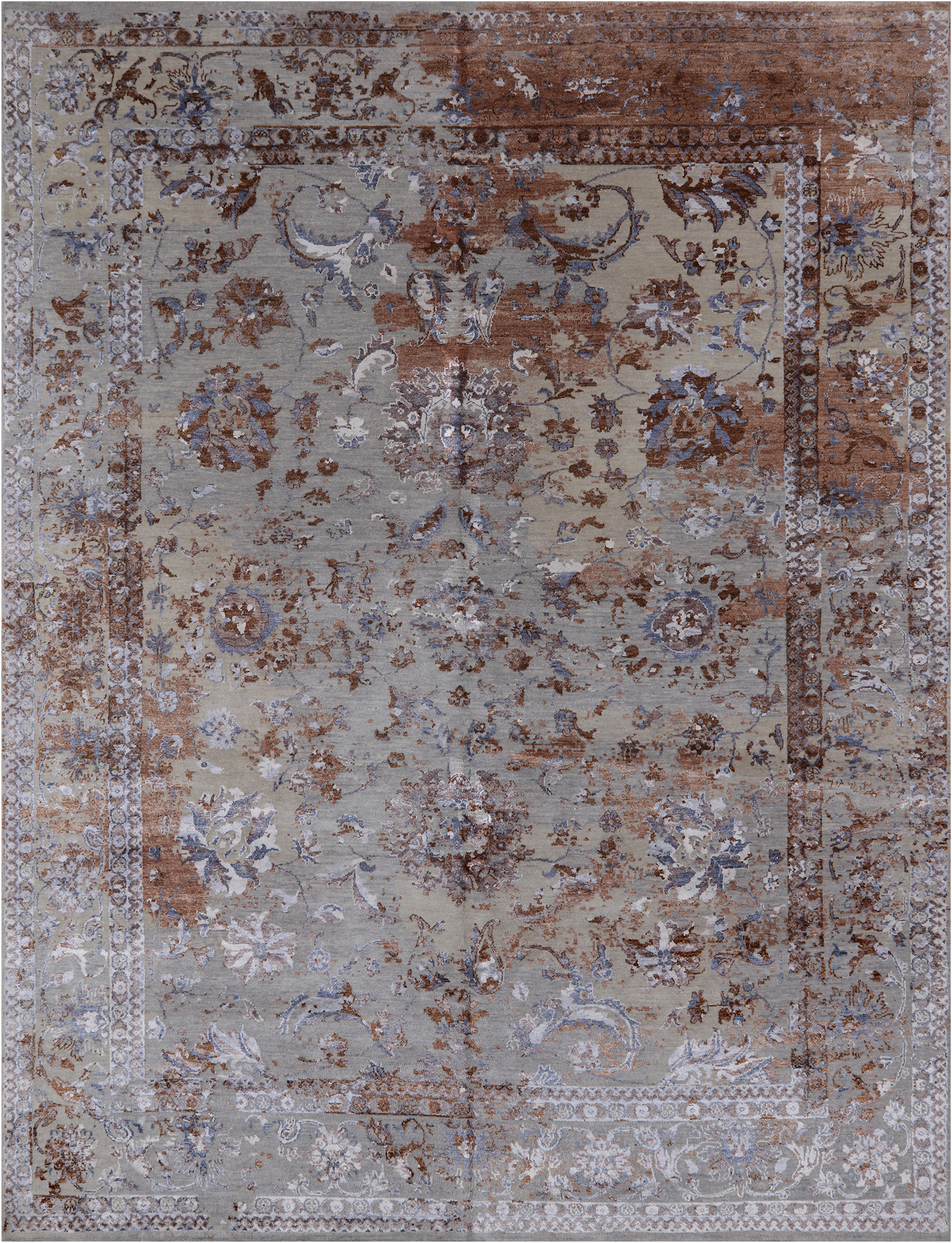 Grey Persian Hand Knotted Wool & Silk Rug - 8' 11" X 11' 8"