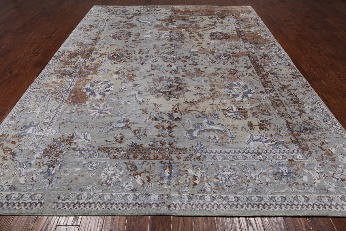 Grey Persian Hand Knotted Wool & Silk Rug - 8' 11" X 11' 8"