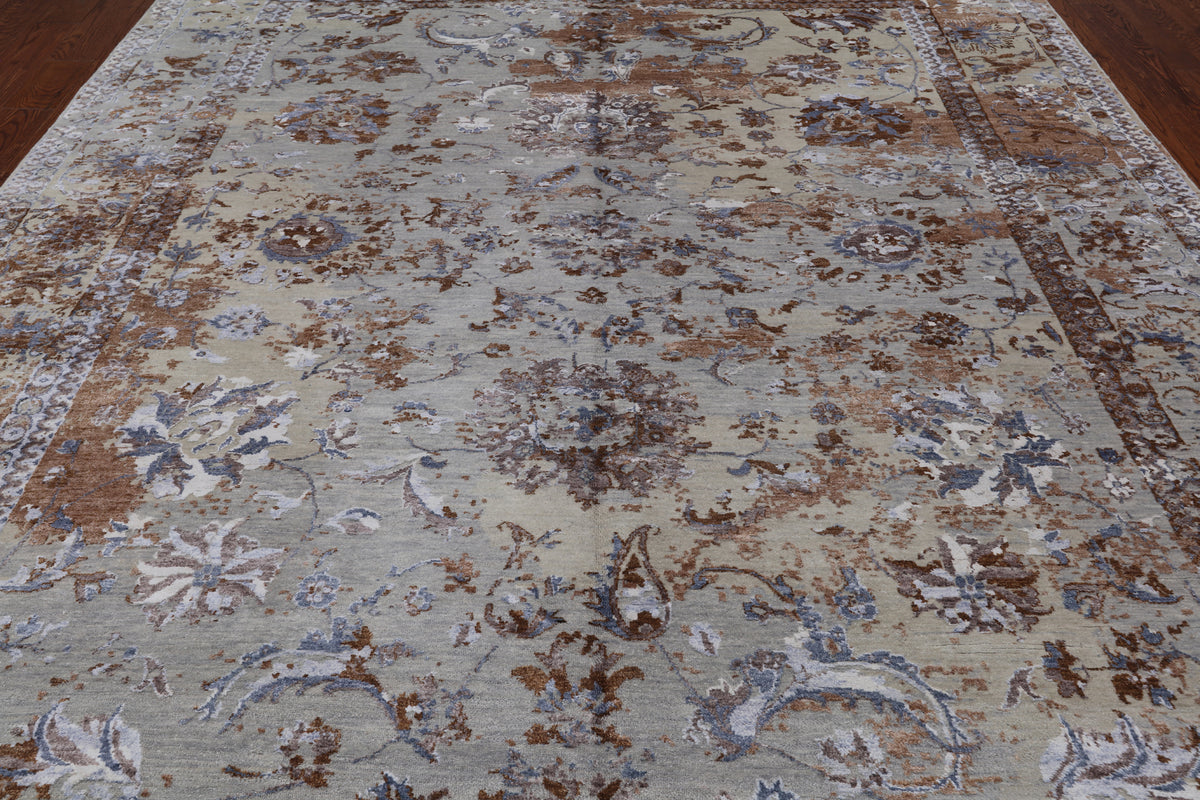 Grey Persian Hand Knotted Wool & Silk Rug - 8' 11" X 11' 8"