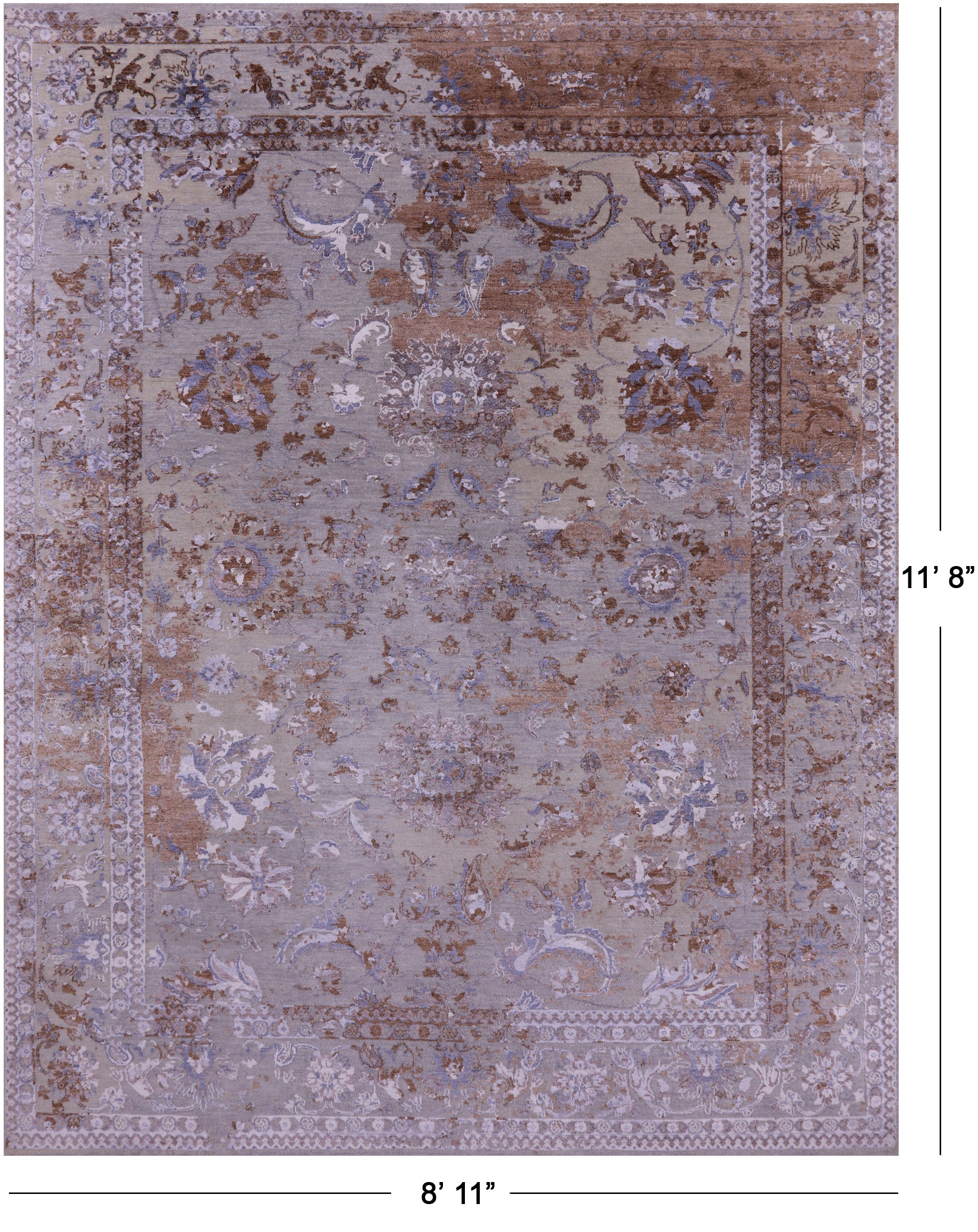 Grey Persian Hand Knotted Wool & Silk Rug - 8' 11" X 11' 8" - Golden Nile