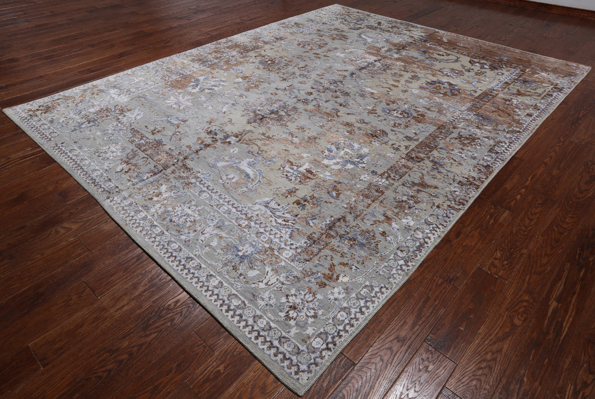 Grey Persian Hand Knotted Wool & Silk Rug - 8' 11" X 11' 8"