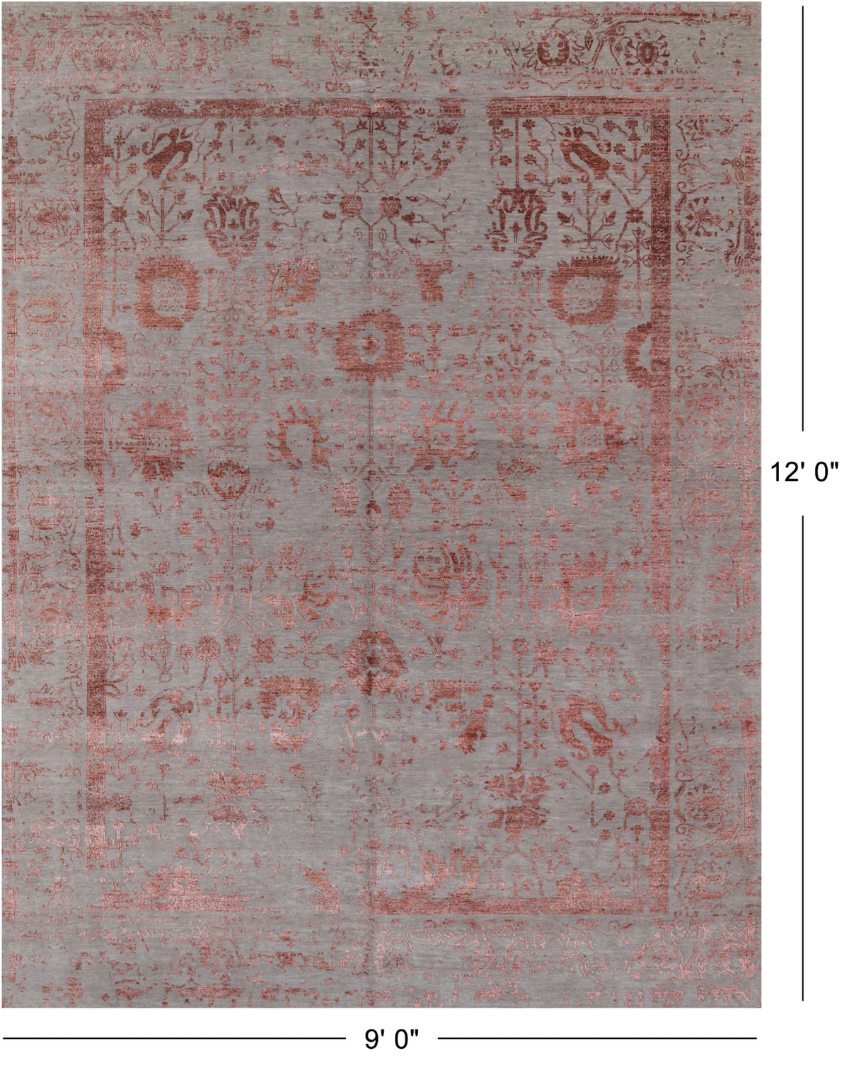 Grey Persian Tabriz Hand Knotted Wool & Silk Rug - 9' 0" X 12' 0"