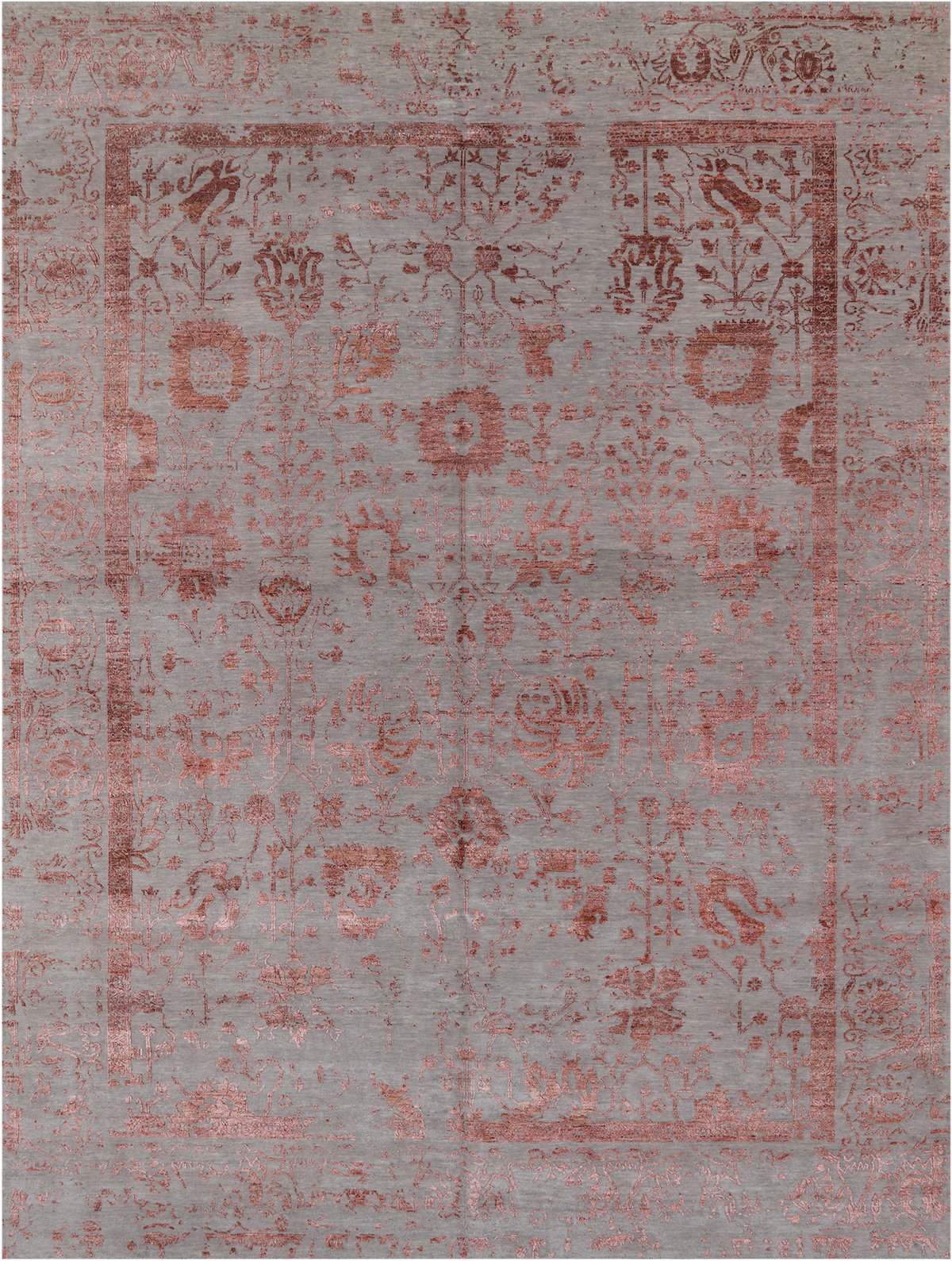 Grey Persian Tabriz Hand Knotted Wool & Silk Rug - 9' 0" X 12' 0"