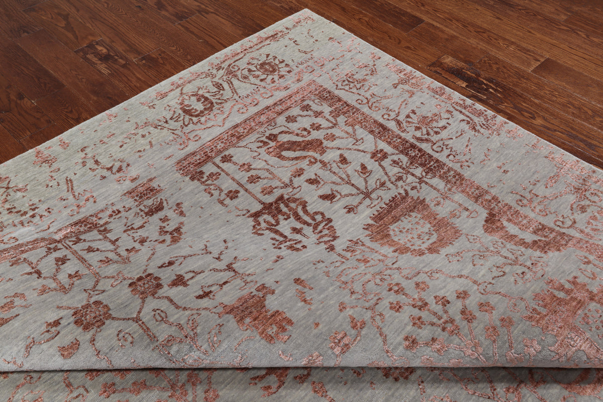 Grey Persian Tabriz Hand Knotted Wool & Silk Rug - 9' 0" X 12' 0"