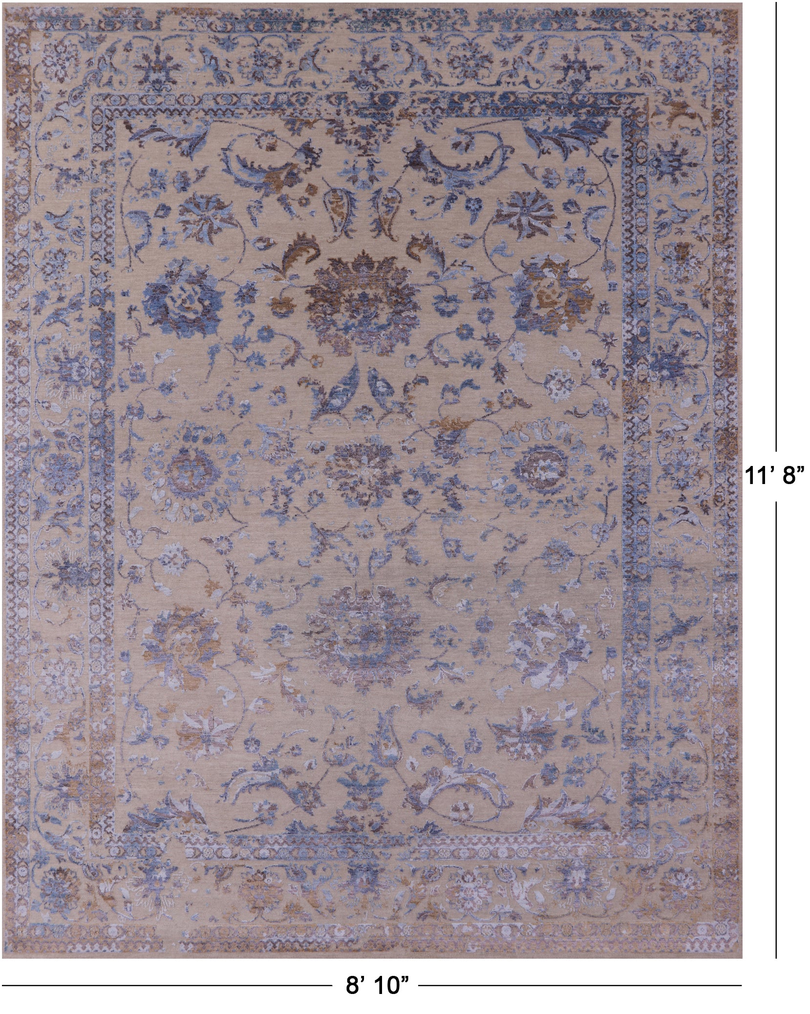 Ivory Persian Tabriz Hand Knotted Wool Rug - 8' 10" X 11' 8" - Golden Nile