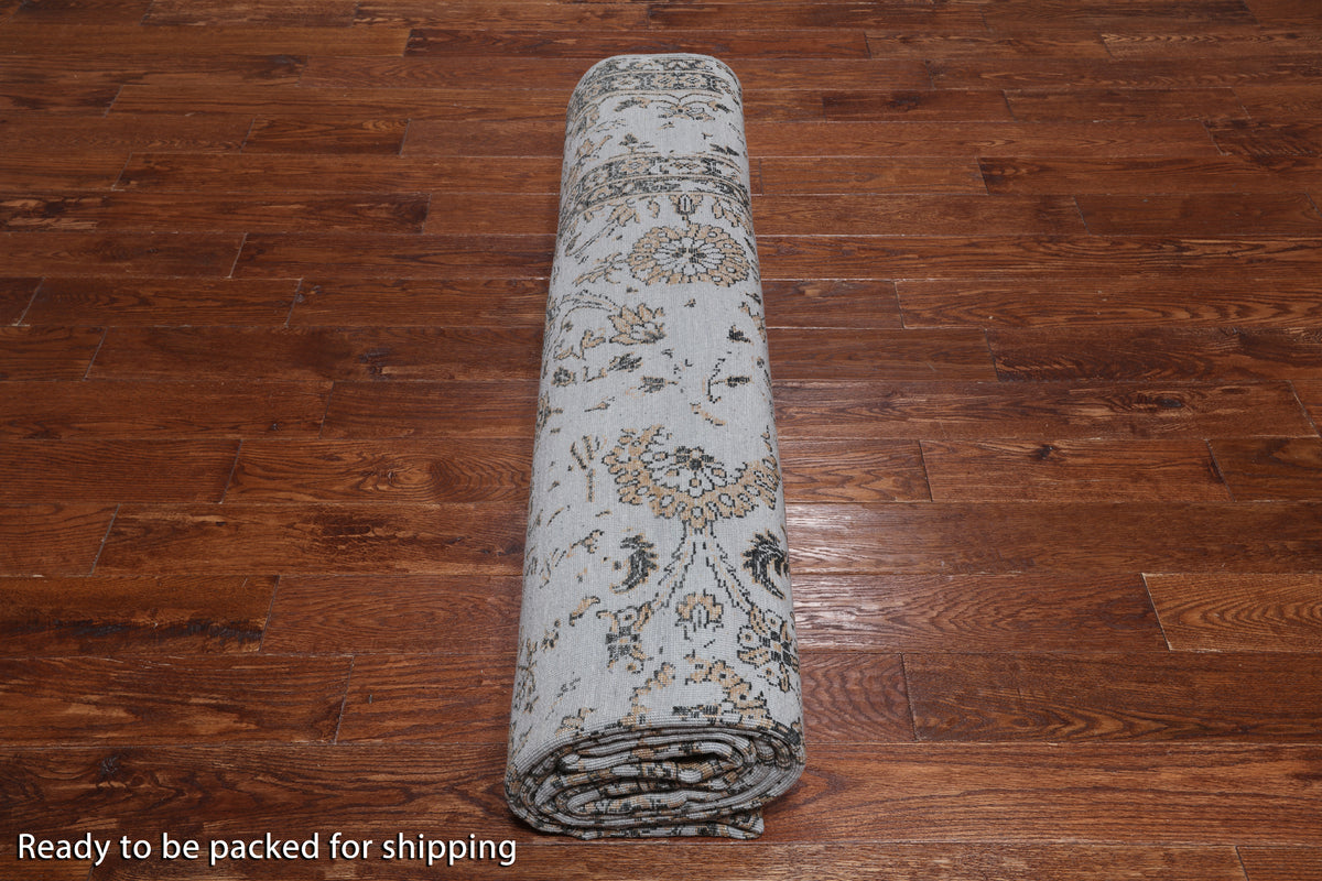 Grey Persian Tabriz Hand Knotted Wool & Silk Rug - 8' 11" X 12' 0"
