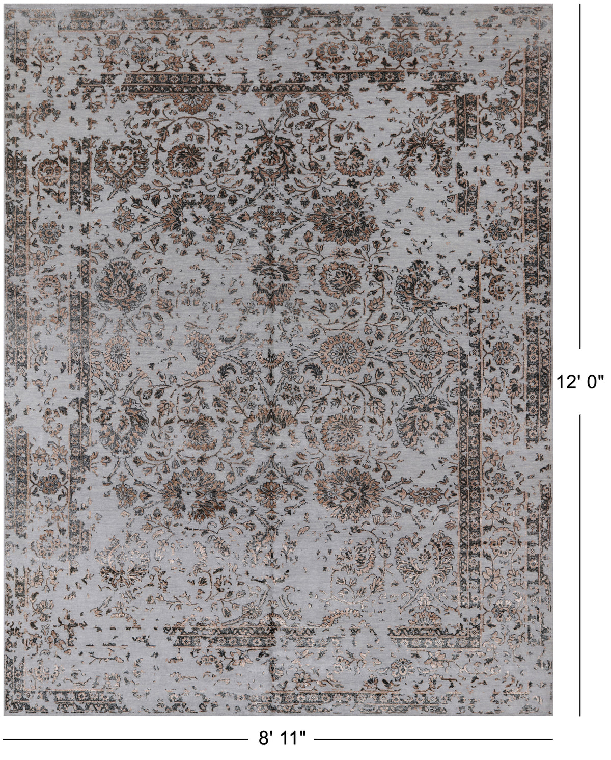 Grey Persian Tabriz Hand Knotted Wool & Silk Rug - 8' 11" X 12' 0"