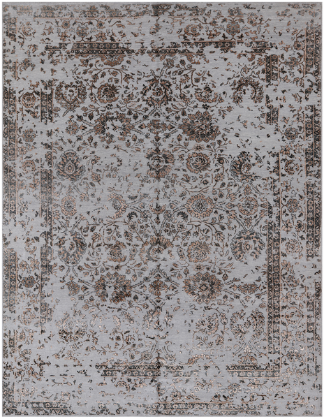 Grey Persian Tabriz Hand Knotted Wool & Silk Rug - 8' 11" X 12' 0"