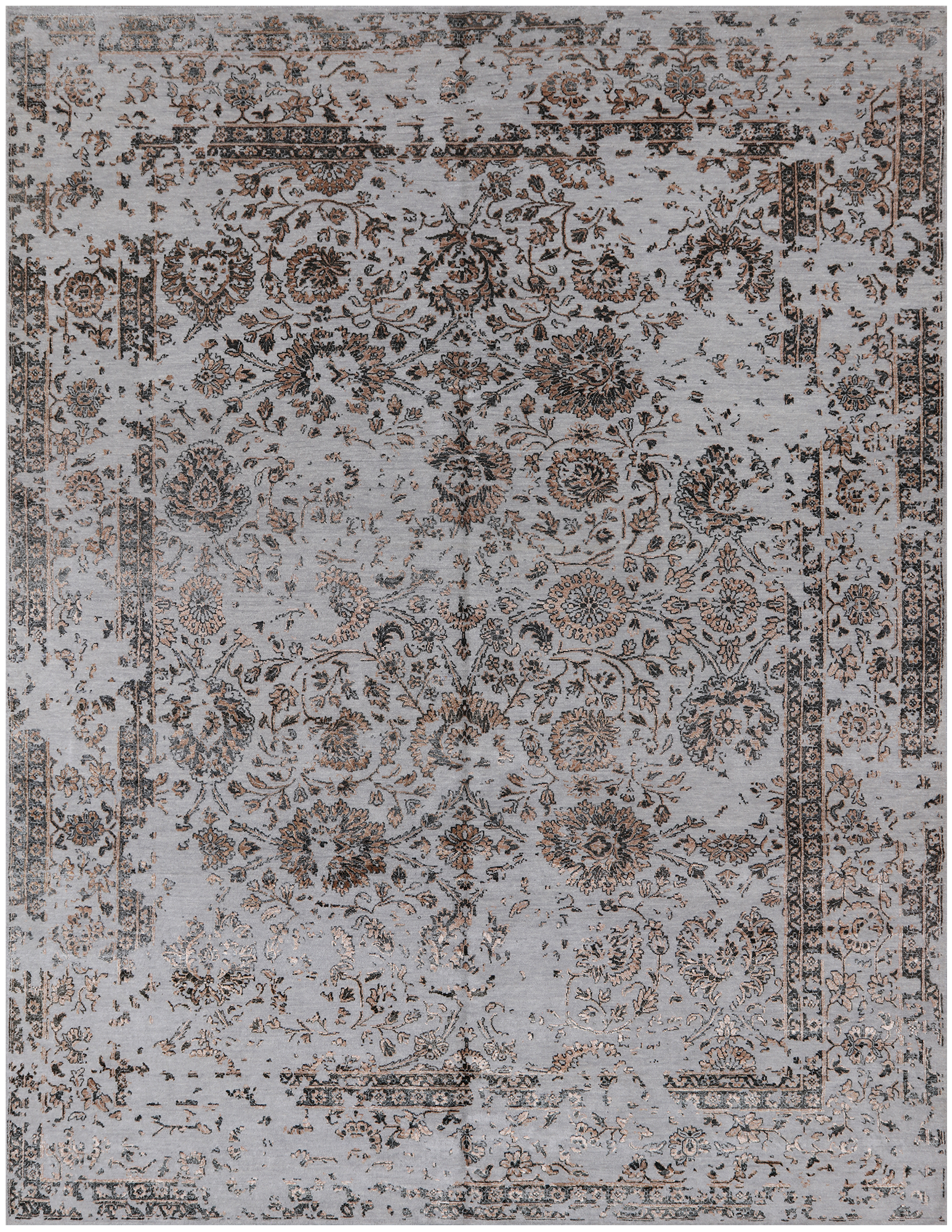 Grey Persian Tabriz Hand Knotted Wool & Silk Rug - 8' 11" X 12' 0"