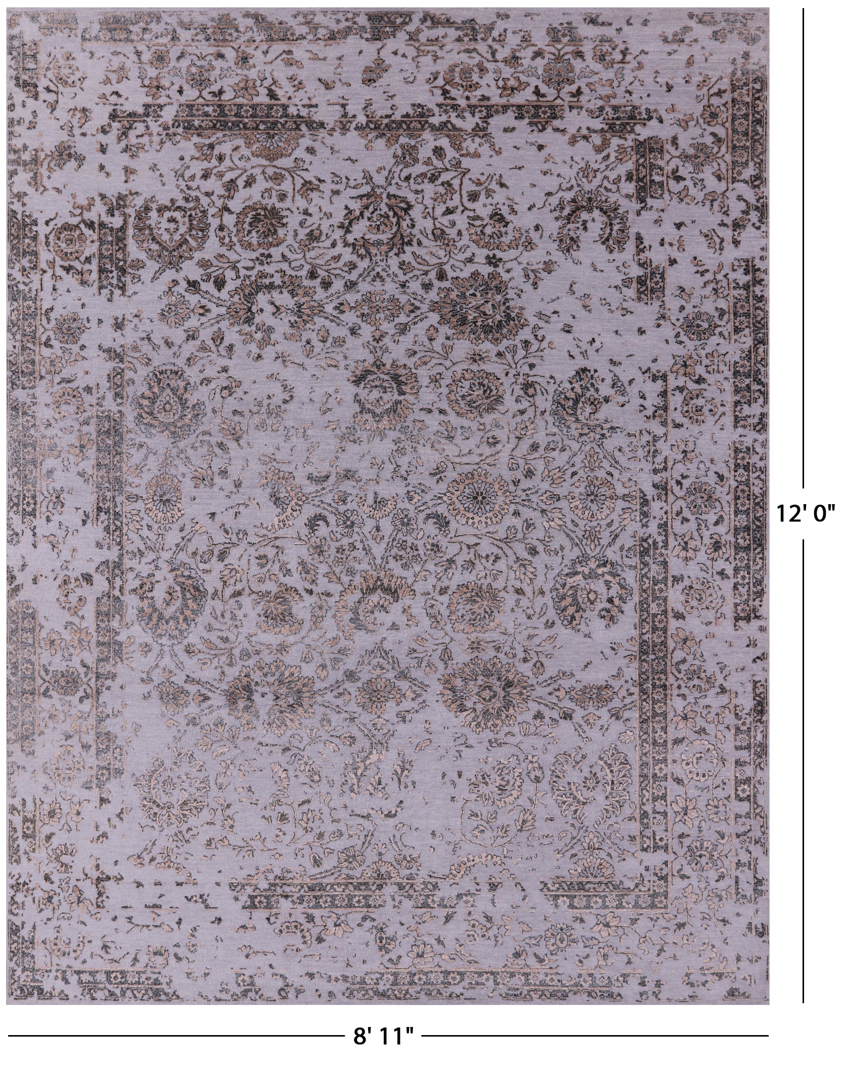 Grey Persian Tabriz Hand Knotted Wool & Silk Rug - 8' 11" X 12' 0" - Golden Nile