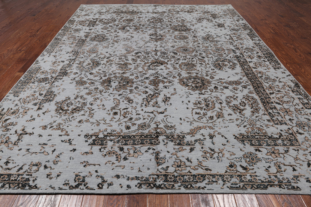 Grey Persian Tabriz Hand Knotted Wool & Silk Rug - 8' 11" X 12' 0"