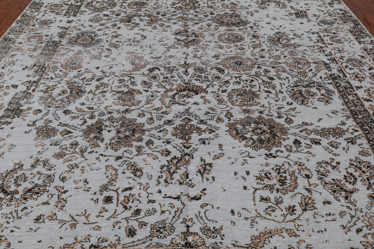 Grey Persian Tabriz Hand Knotted Wool & Silk Rug - 8' 11" X 12' 0"