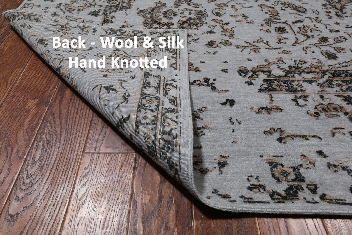 Grey Persian Tabriz Hand Knotted Wool & Silk Rug - 8' 11" X 12' 0"