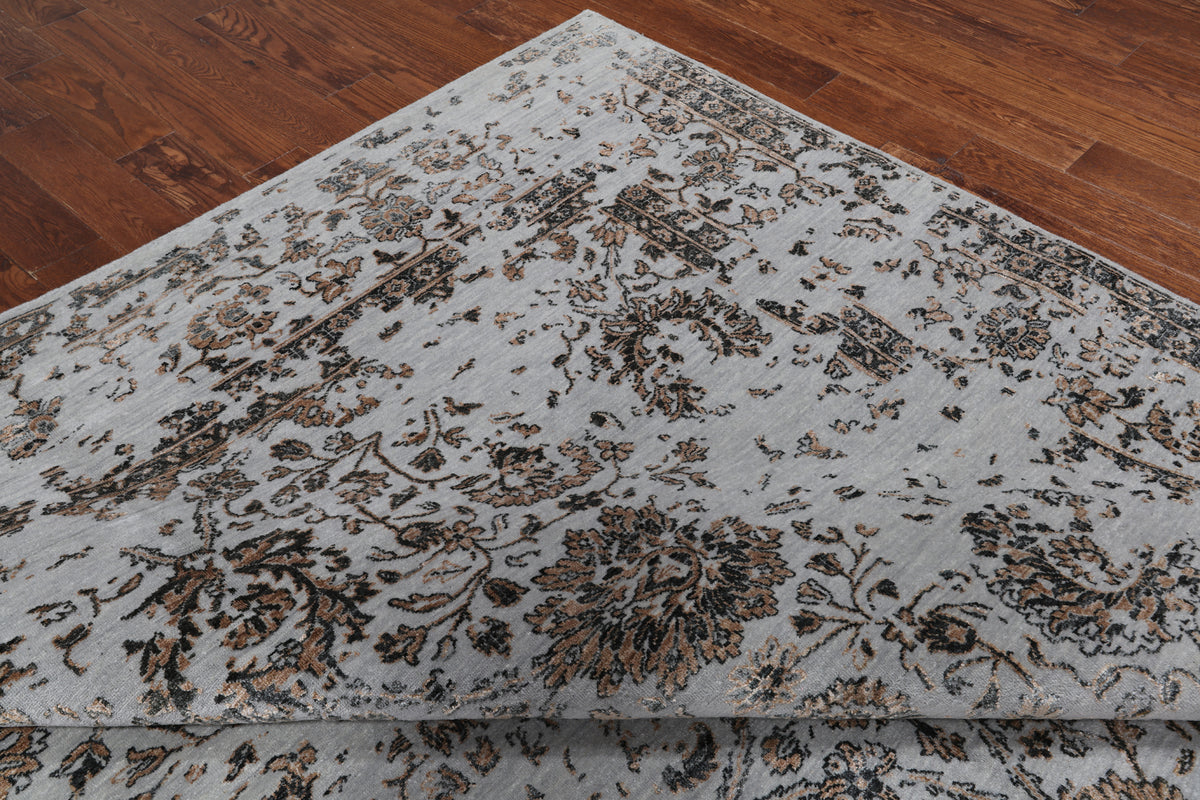 Grey Persian Tabriz Hand Knotted Wool & Silk Rug - 8' 11" X 12' 0"