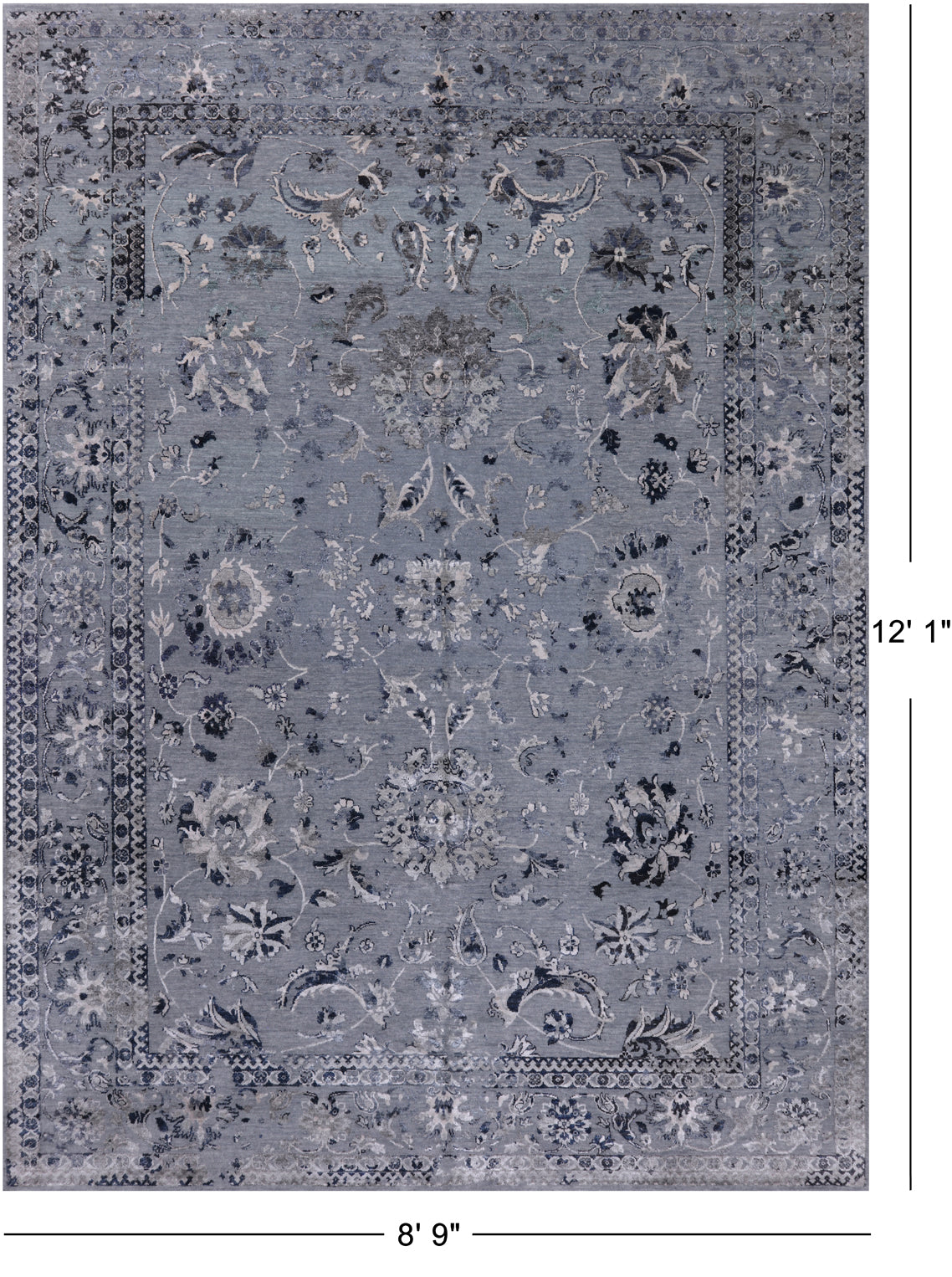 Grey Persian Handmade Wool & Silk Rug - 8' 9" X 12' 1"