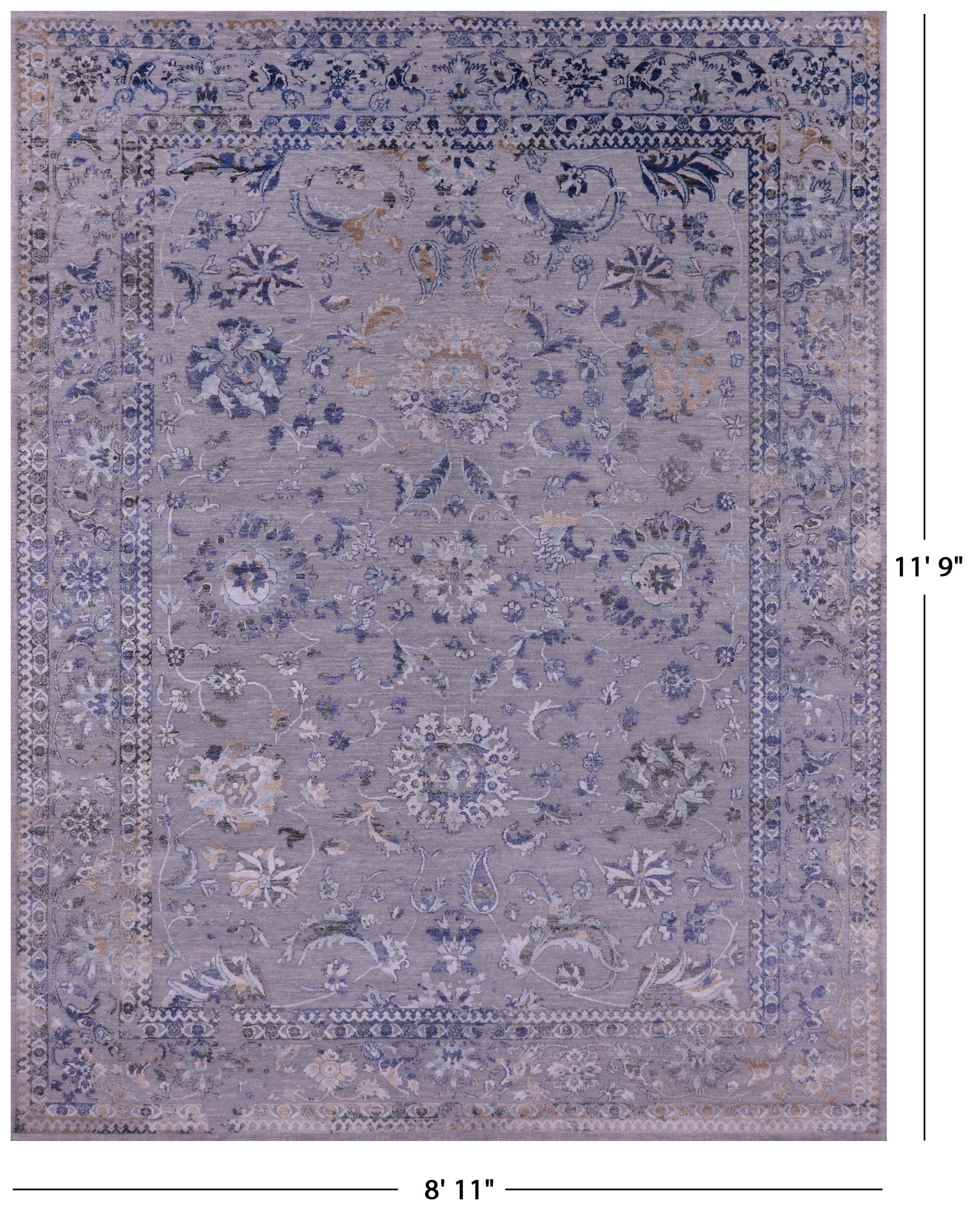 Grey Persian Tabriz Hand Knotted Wool & Silk Rug - 8' 11" X 11' 9" - Golden Nile