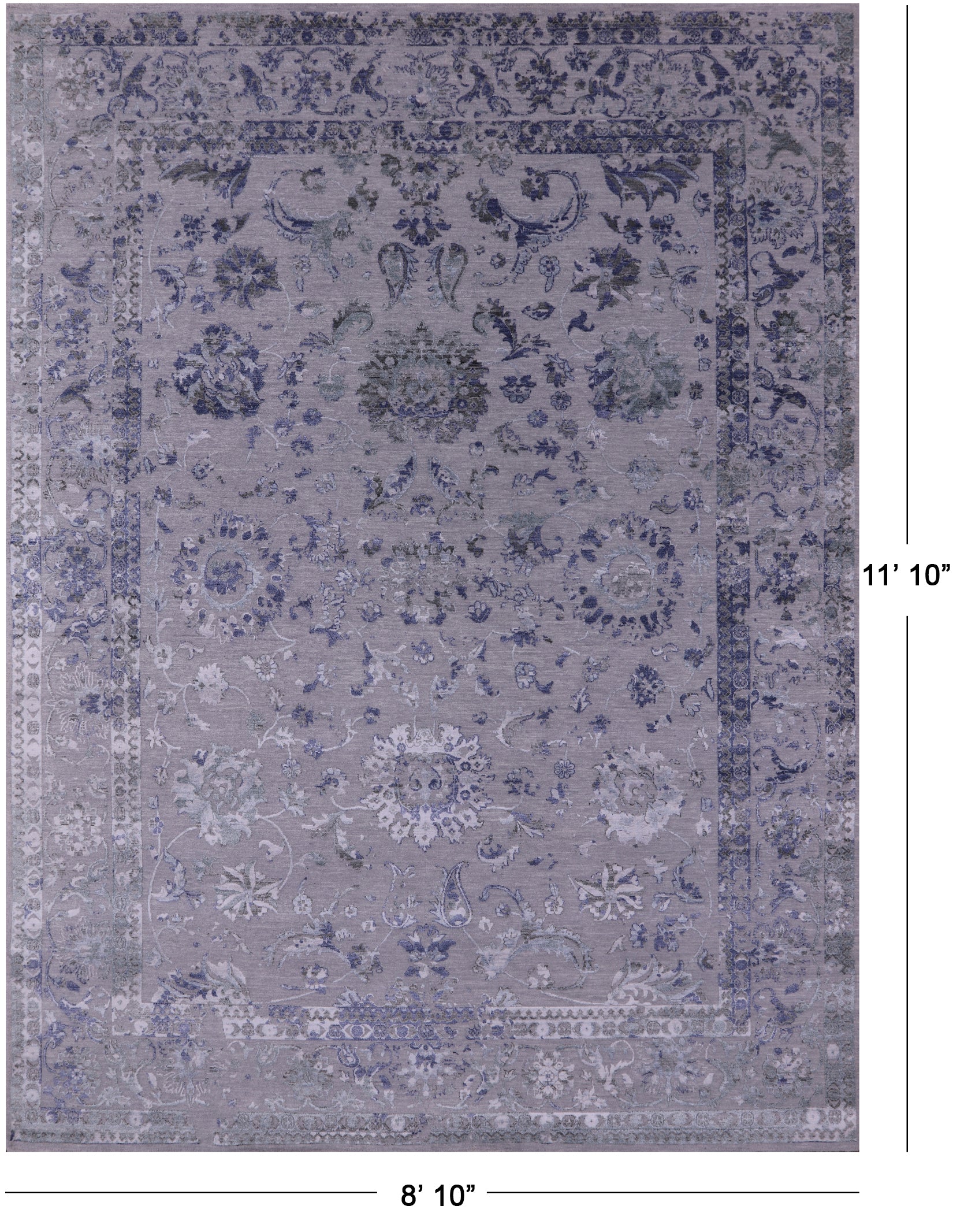 Grey Persian Tabriz Hand Knotted Wool & Silk Rug - 8' 10" X 11' 10" - Golden Nile