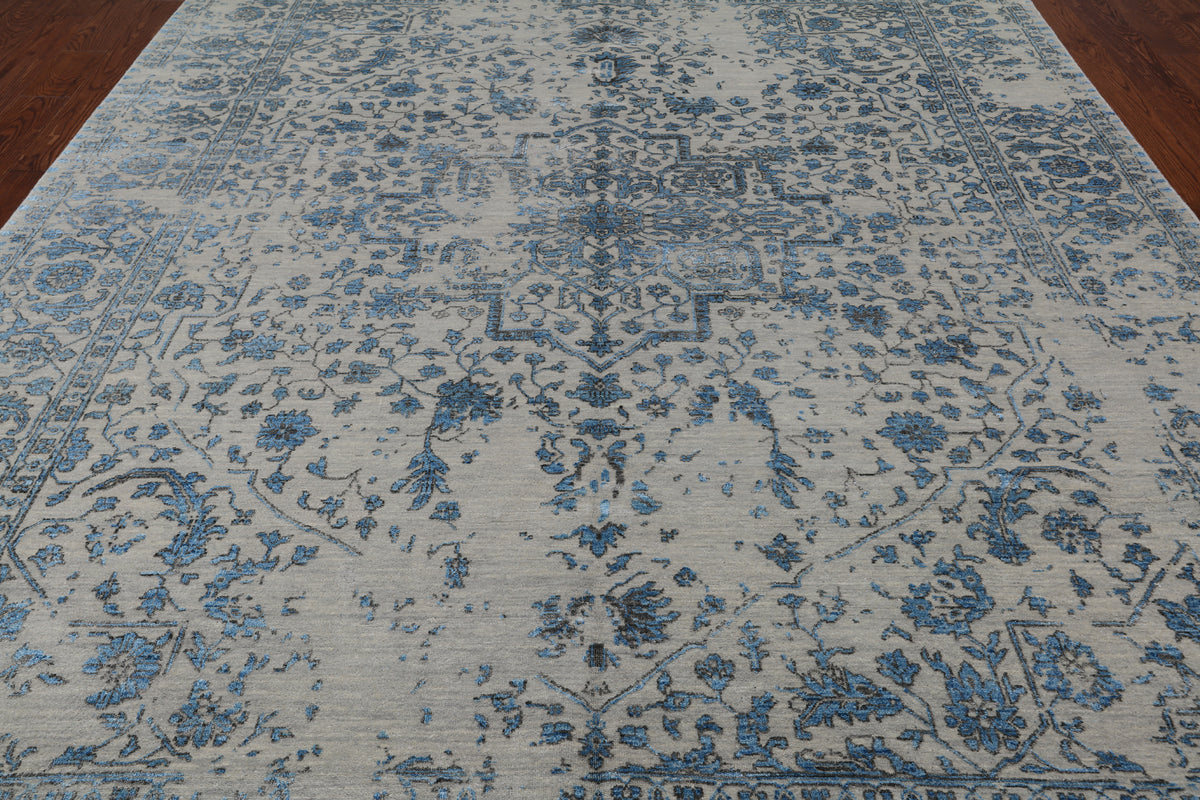 Ivory Persian Fine Serapi Hand Knotted Wool & Silk Rug - 8' 10" X 11' 9"