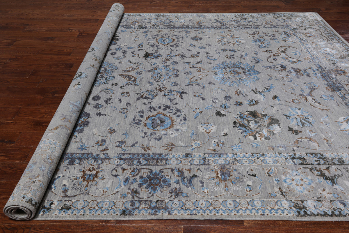 Grey Persian Tabriz Hand Knotted Wool & Silk Rug - 8' 10" X 11' 8"